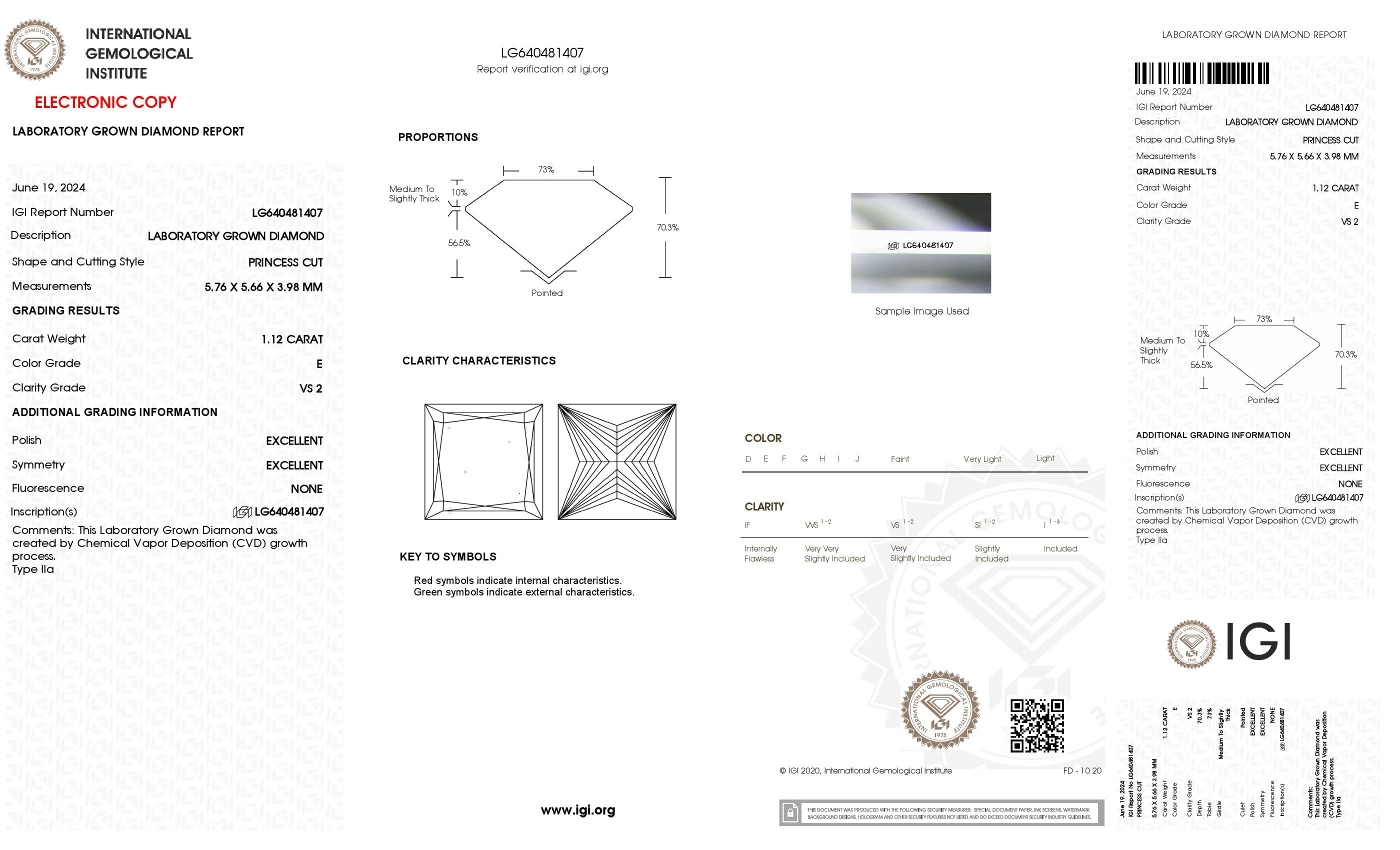 1.12 ct. Princess Wholesale IGI Certified Lab Grown Loose Diamond. (VS2 / E)