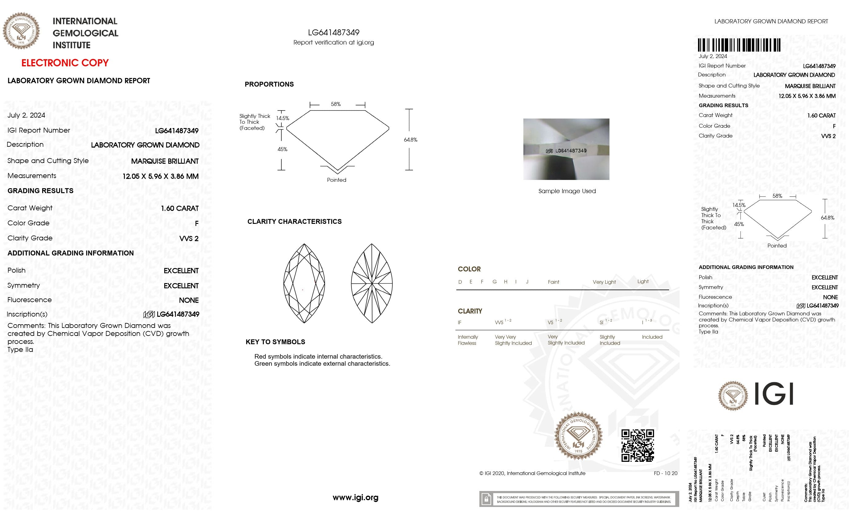 1.60 ct. Marquise Wholesale IGI Certified Lab Grown Loose Diamond. (VVS2 / F)