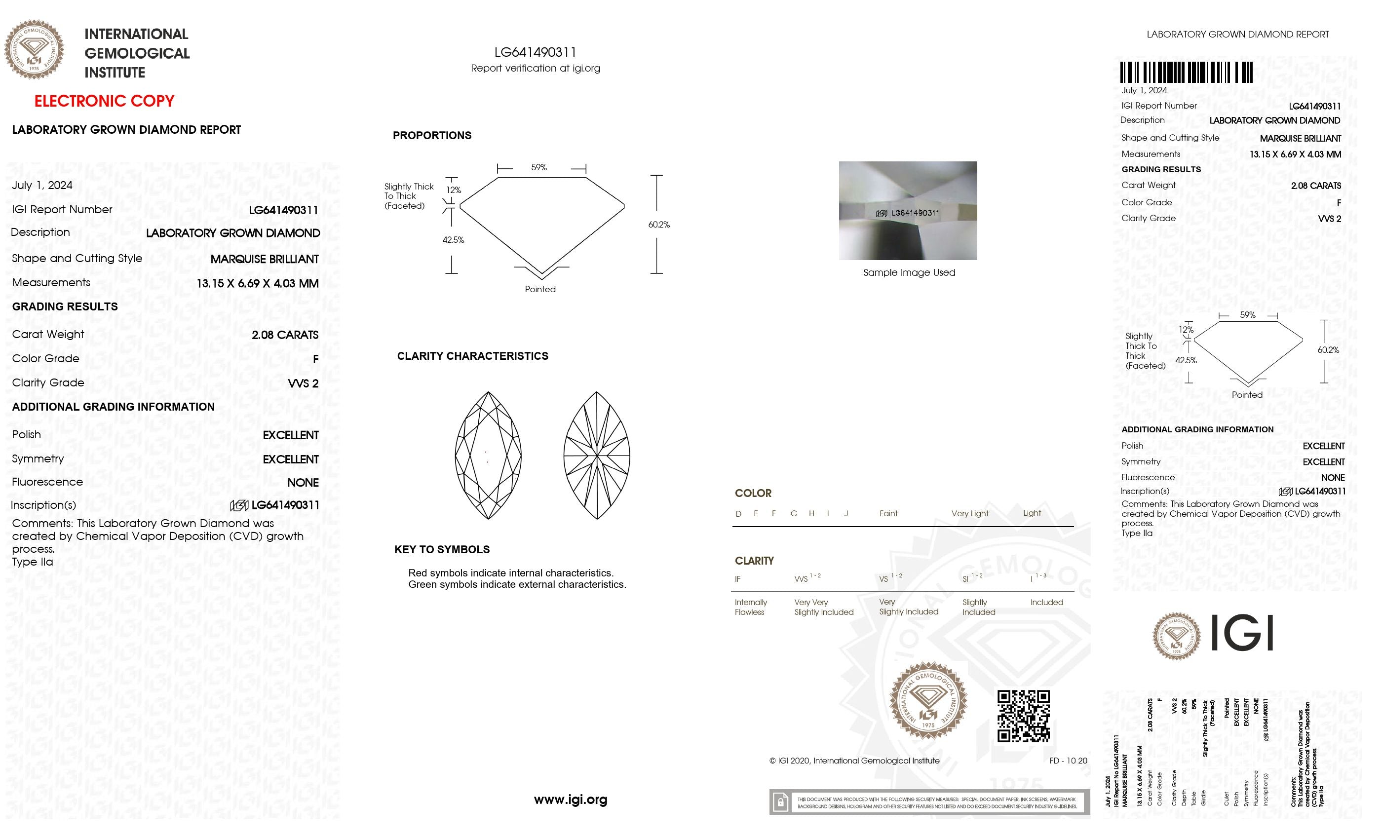 2.08 ct. Marquise Wholesale IGI Certified Lab Grown Loose Diamond. (VVS2 / F)