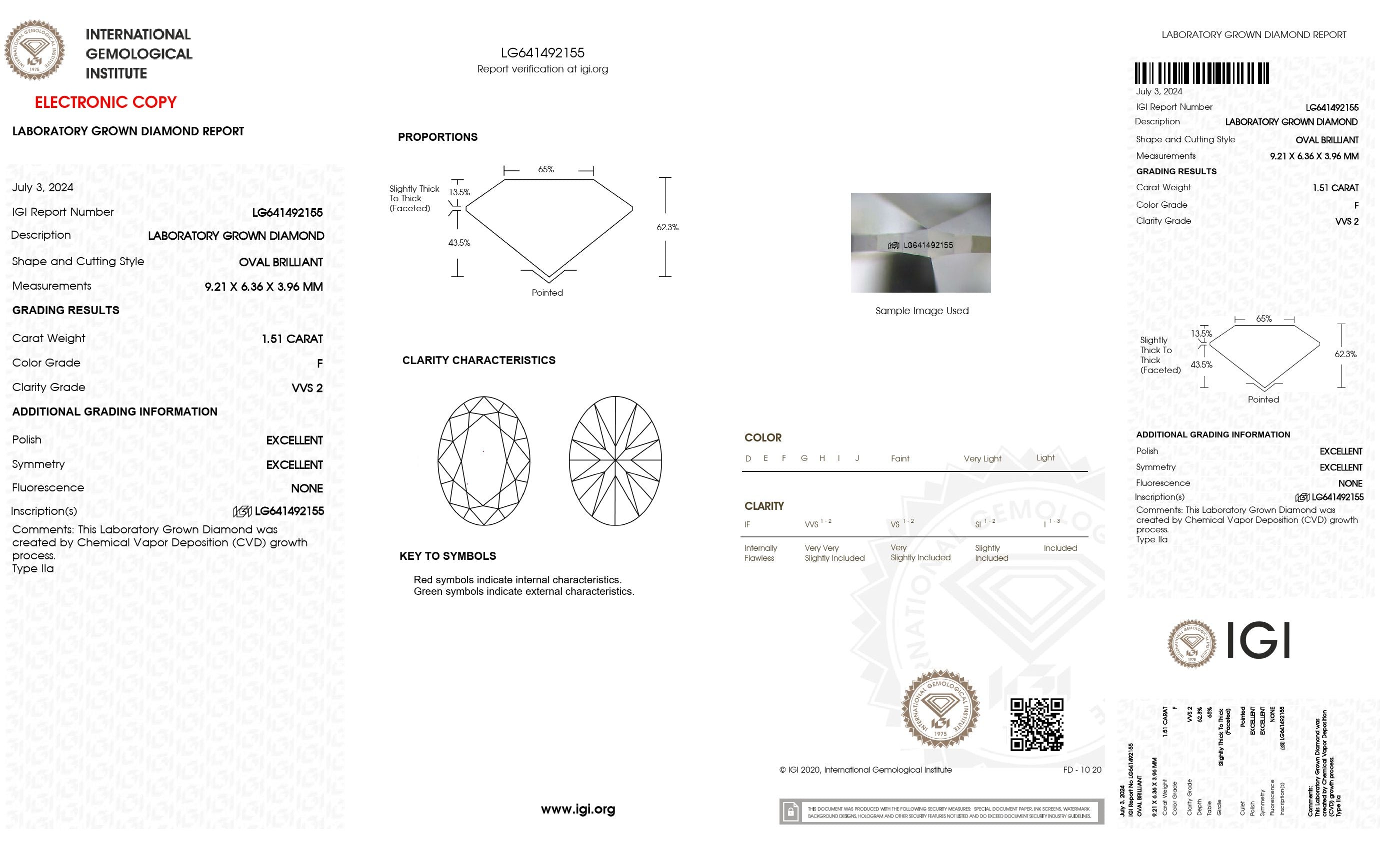 1.51 ct. Oval Wholesale IGI Certified Lab Grown Loose Diamond. (VVS2 / F)