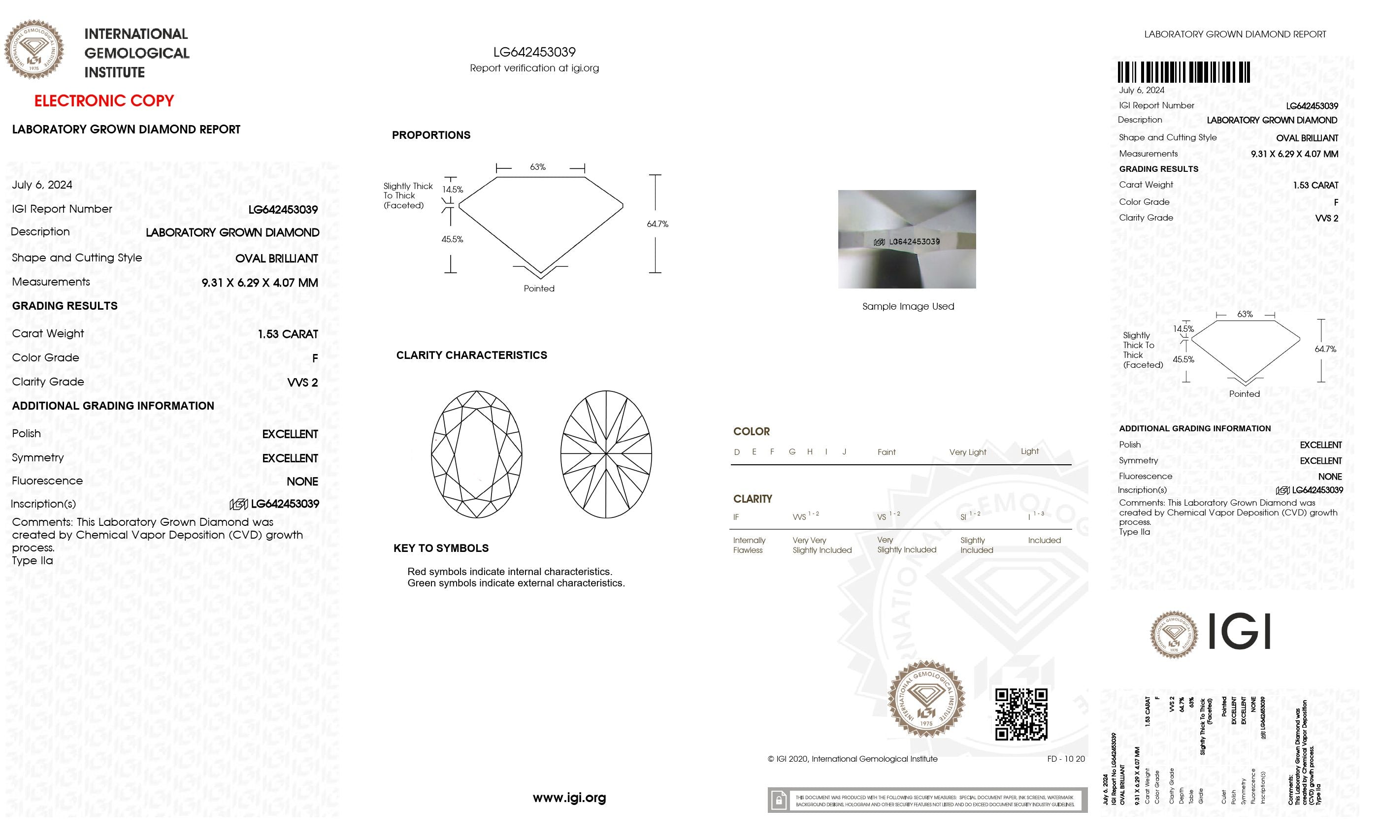 1.53 ct. Oval Wholesale IGI Certified Lab Grown Loose Diamond. (VVS2 / F)