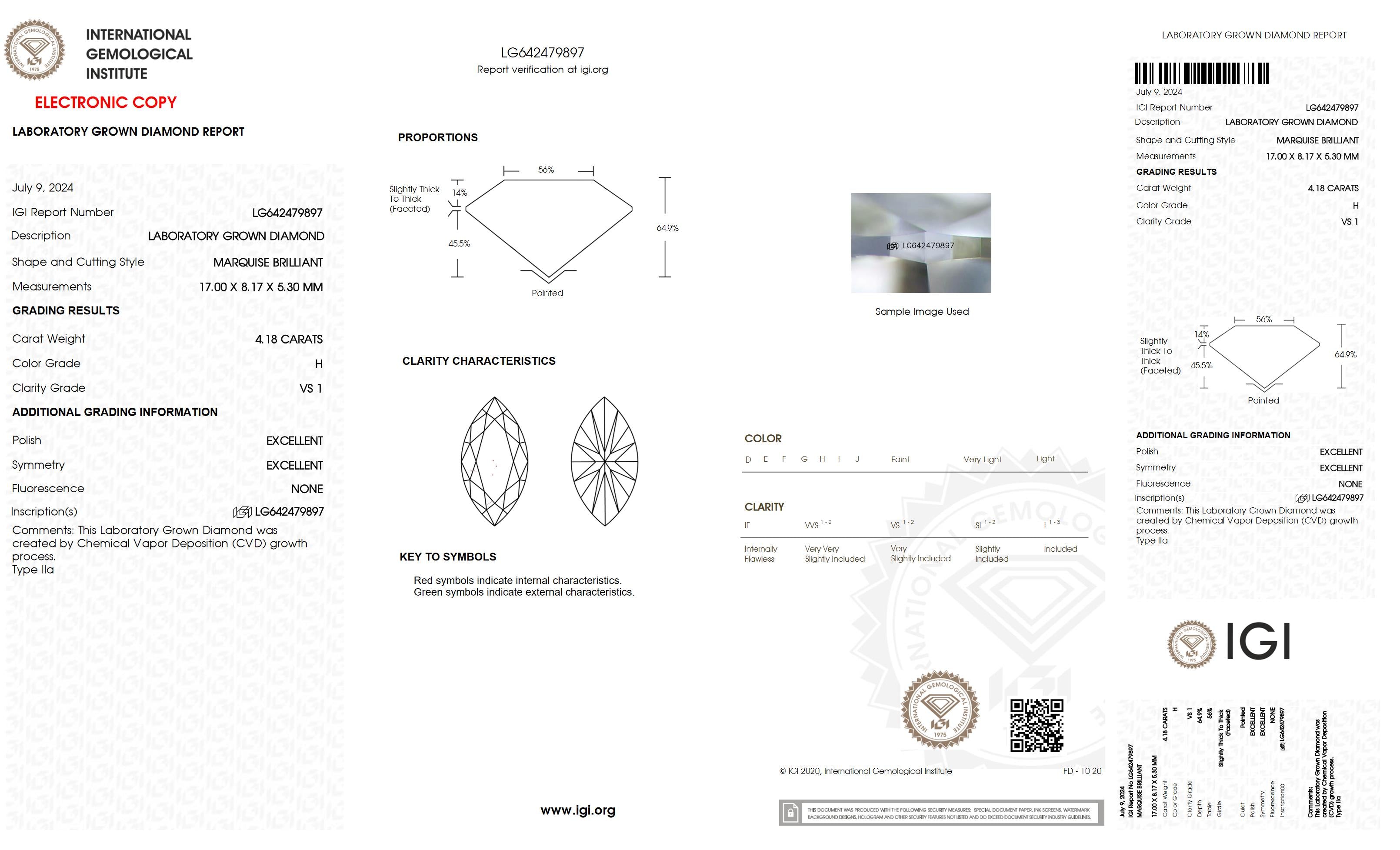 4.18 Ct. Marquise Wholesale IGI Certified Lab Grown Loose Diamond. (VS1 / H)