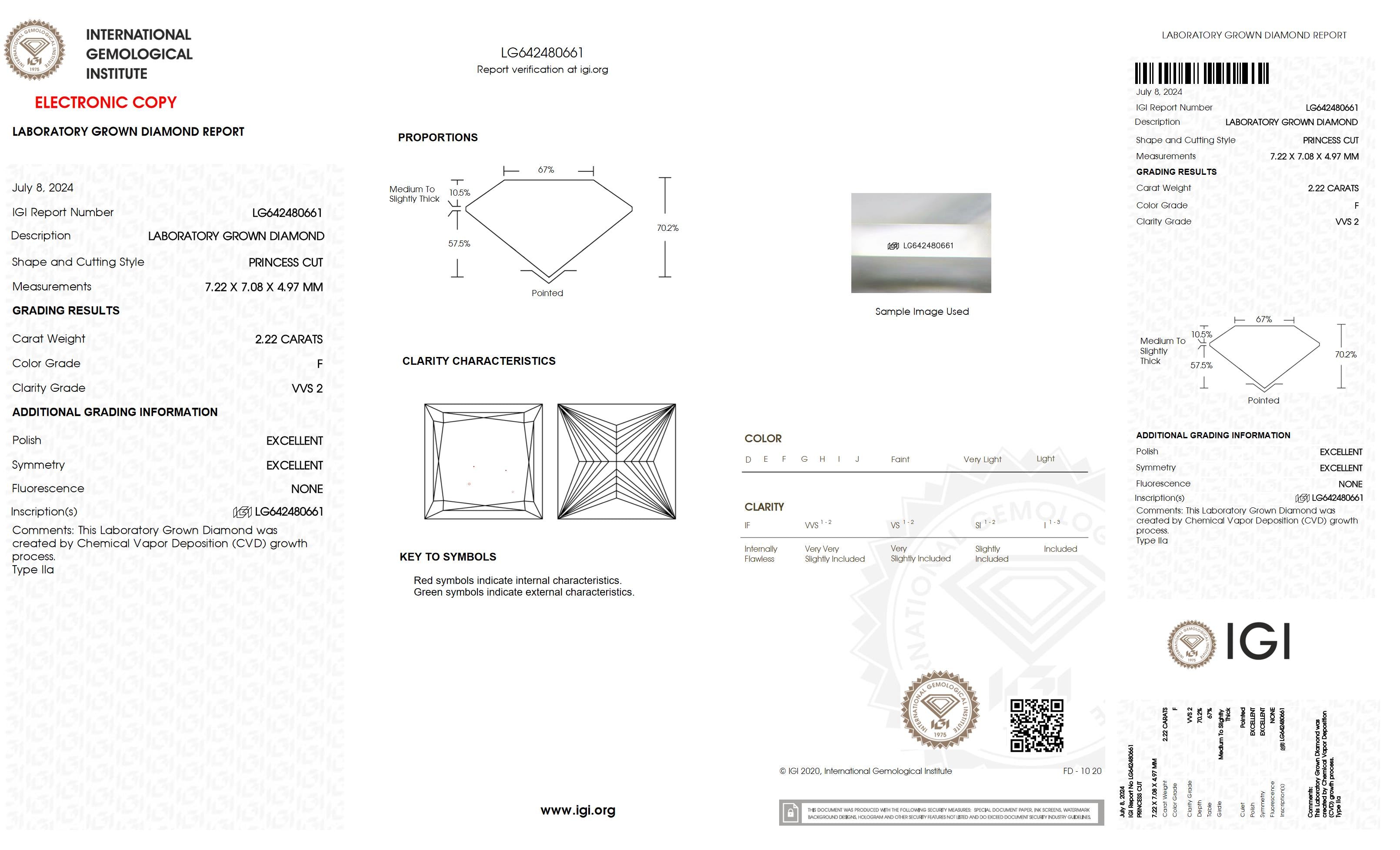 2.22 Ct. Princess Wholesale IGI Certified Lab Grown Loose Diamond. (VVS2 / F)