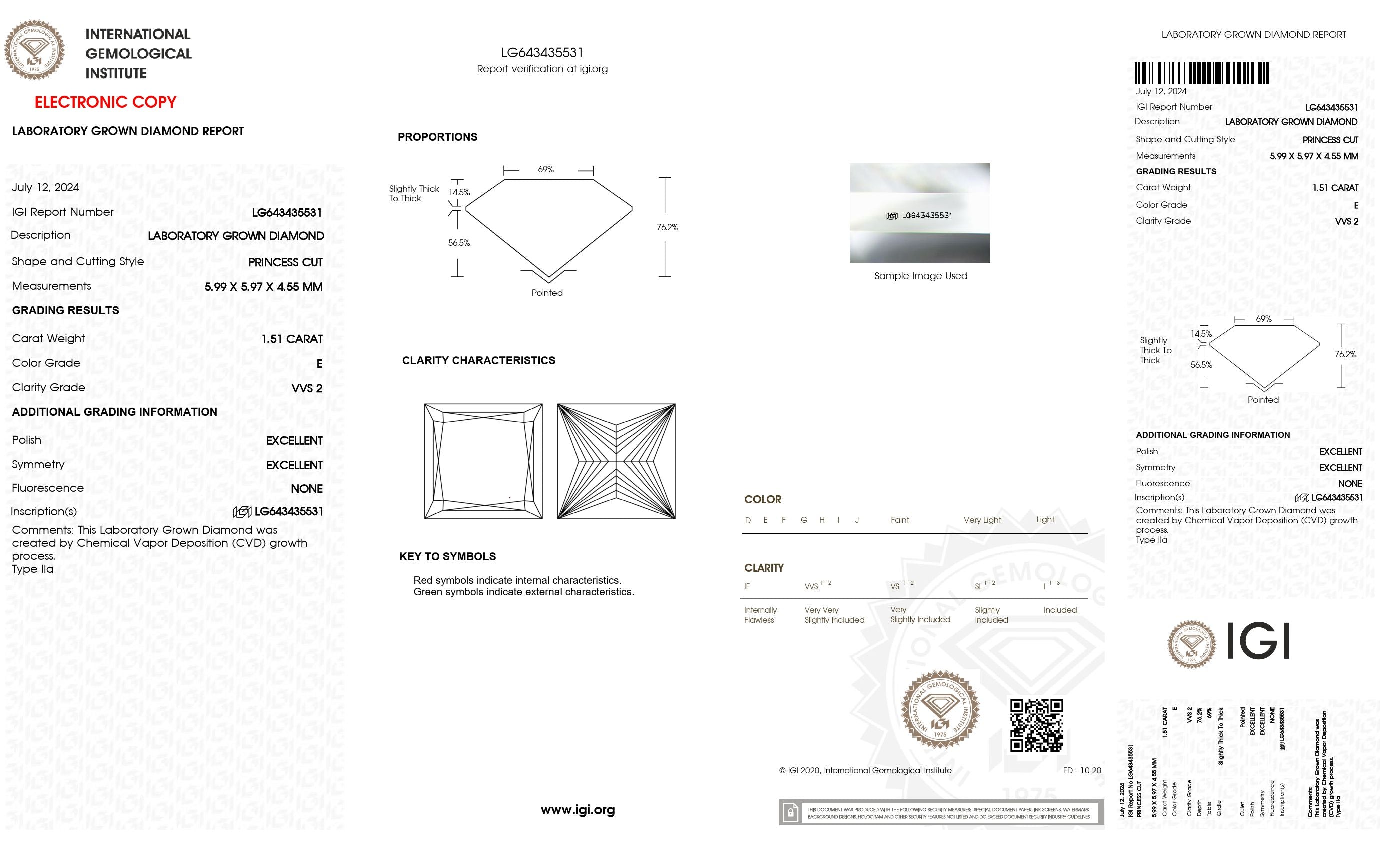 1.51 ct. Princess Wholesale IGI Certified Lab Grown Loose Diamond. (VVS2 / E)