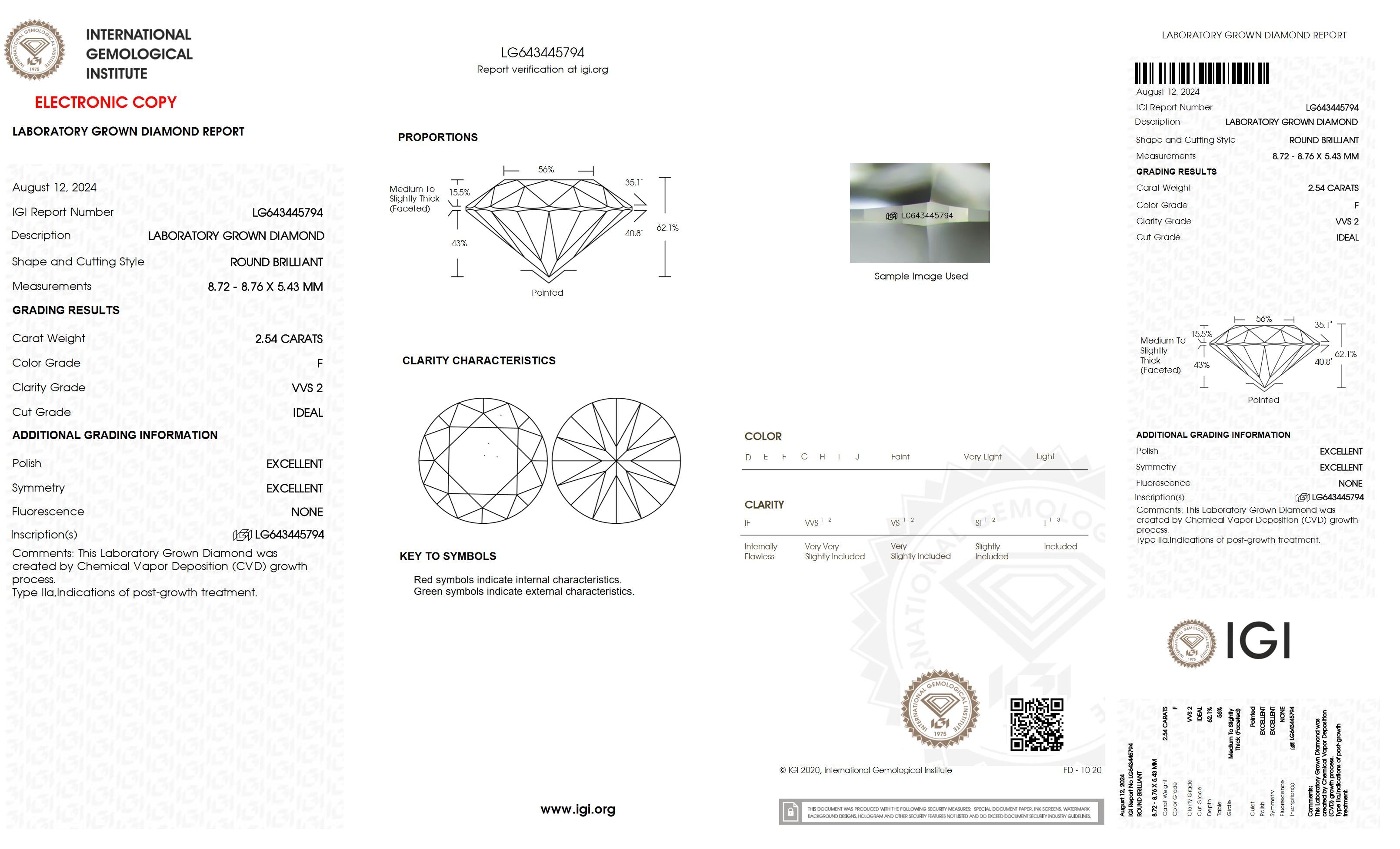 2.54 Ct. Round Wholesale IGI Certified Lab Grown Loose Diamond. (VVS2 / F)