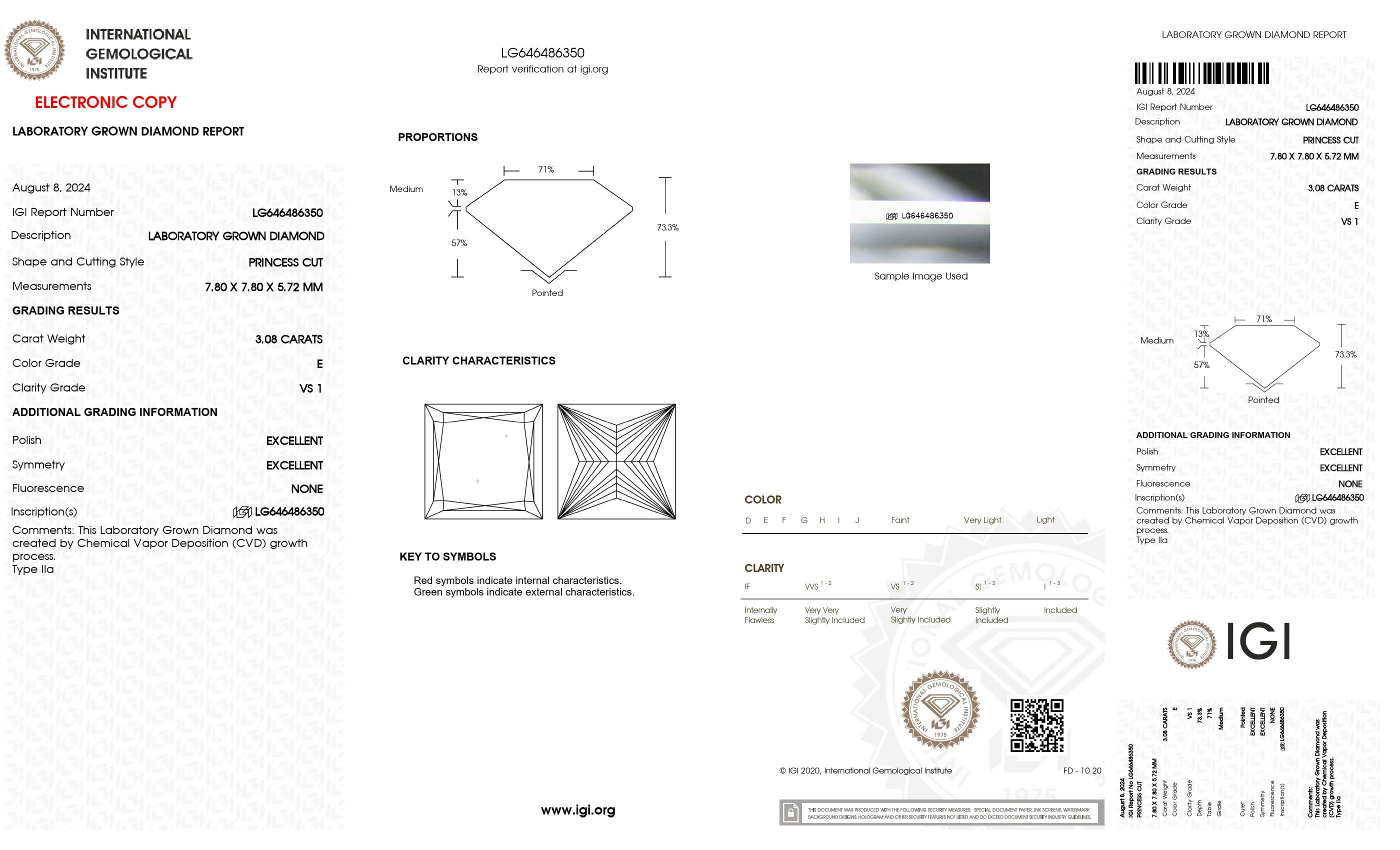 3.08 Ct. Princess Wholesale IGI Certified Lab Grown Loose Diamond. (VS1 / E)