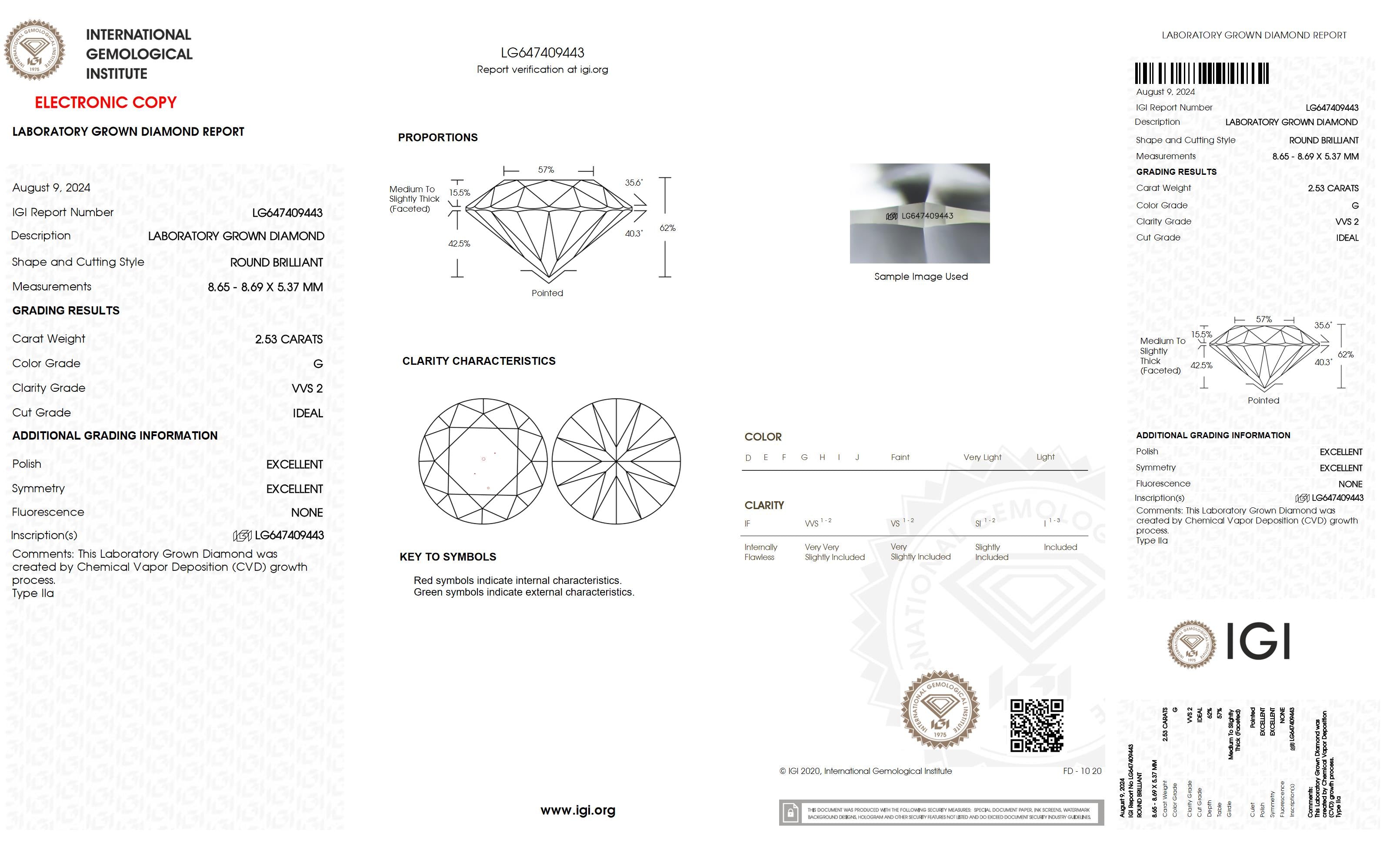 2.53 Ct. Round Wholesale IGI Certified Lab Grown Loose Diamond. (VVS2 / G)