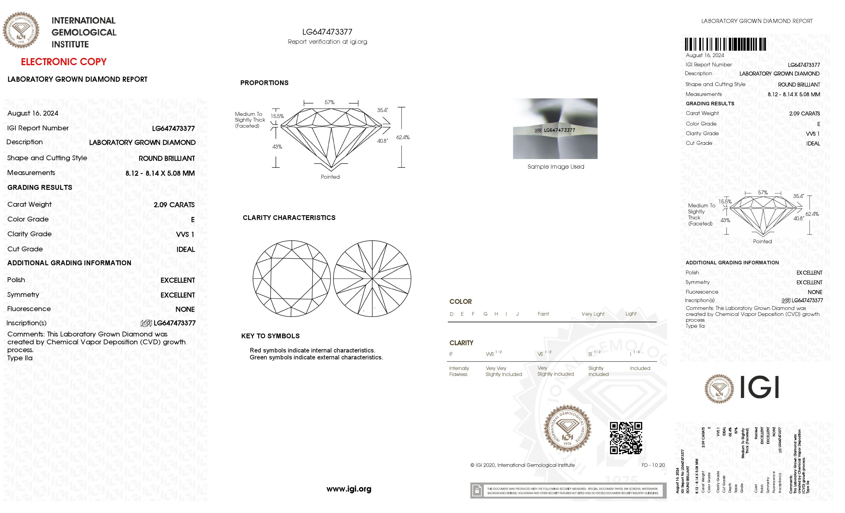 2.09 Ct. Round Wholesale IGI Certified Lab Grown Loose Diamond. (VVS1 / E)