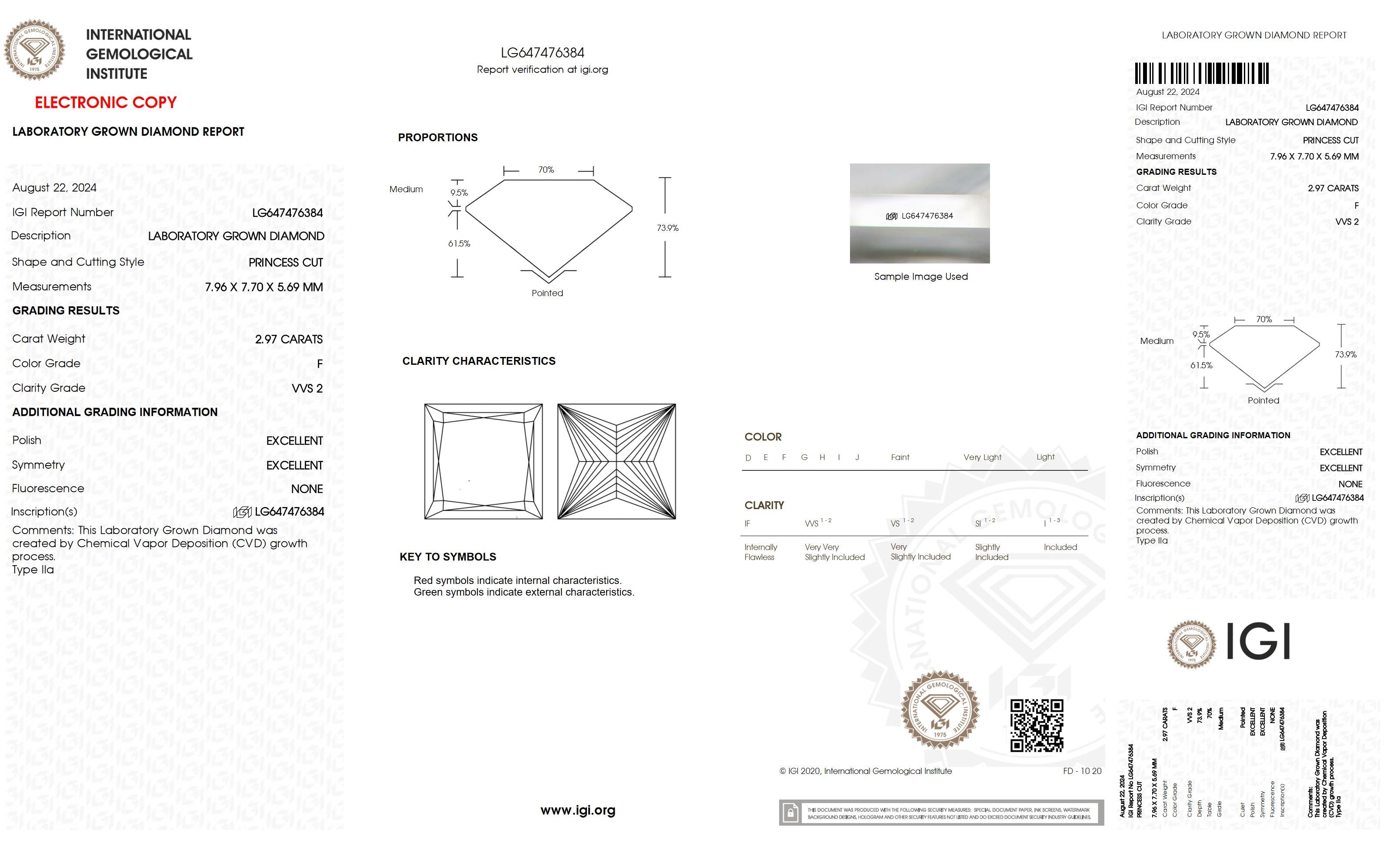 2.97 Ct. Princess Wholesale IGI Certified Lab Grown Loose Diamond. (VVS2 / F)