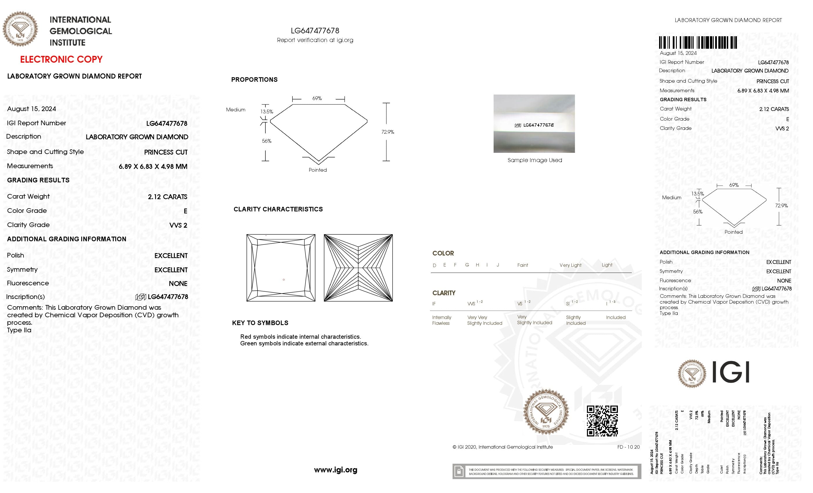 2.12 Ct. Princess Wholesale IGI Certified Lab Grown Loose Diamond. (VVS2 / E)