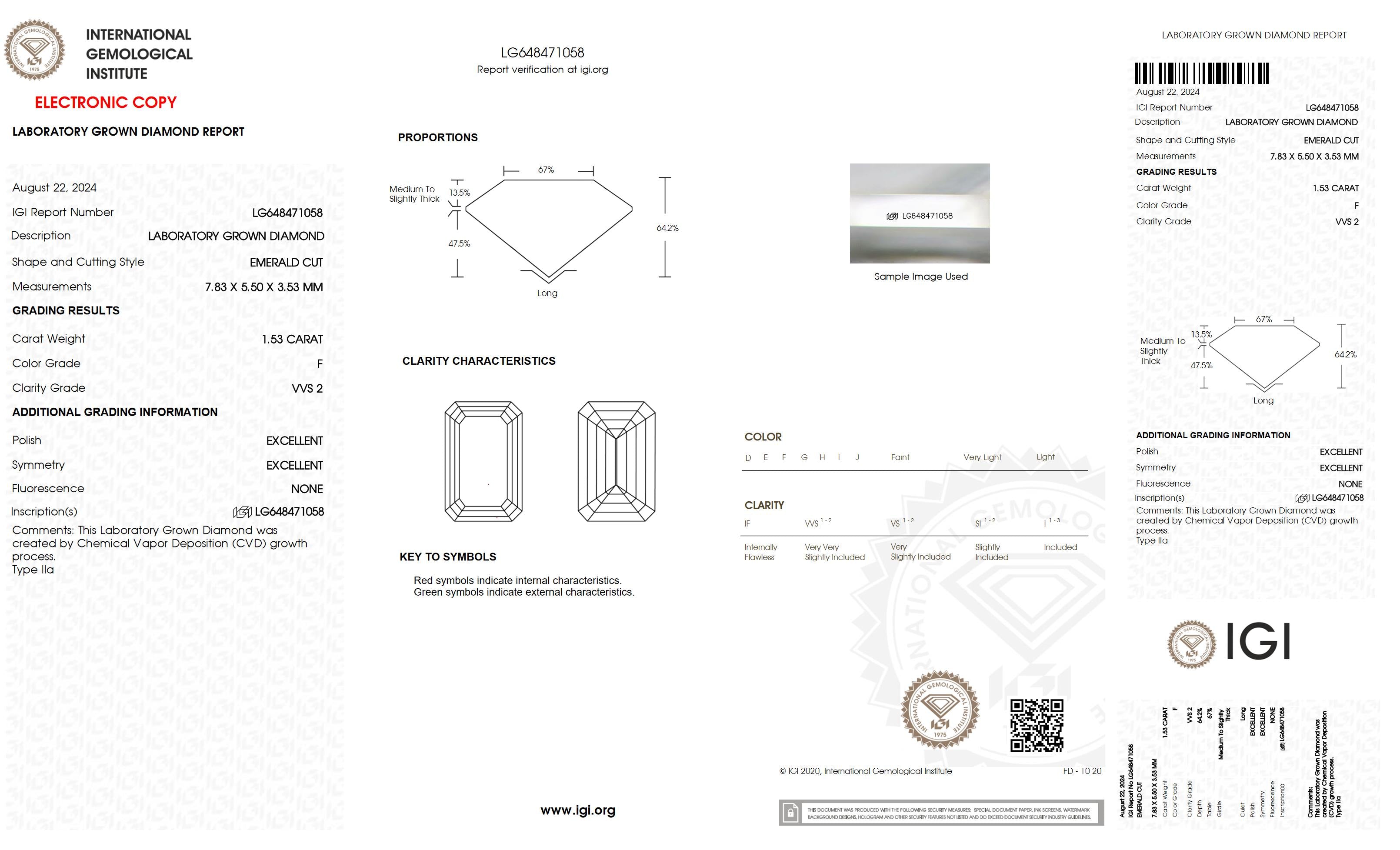 1.53 Ct. Emerald Wholesale IGI Certified Lab Grown Loose Diamond. (VVS2 / F)