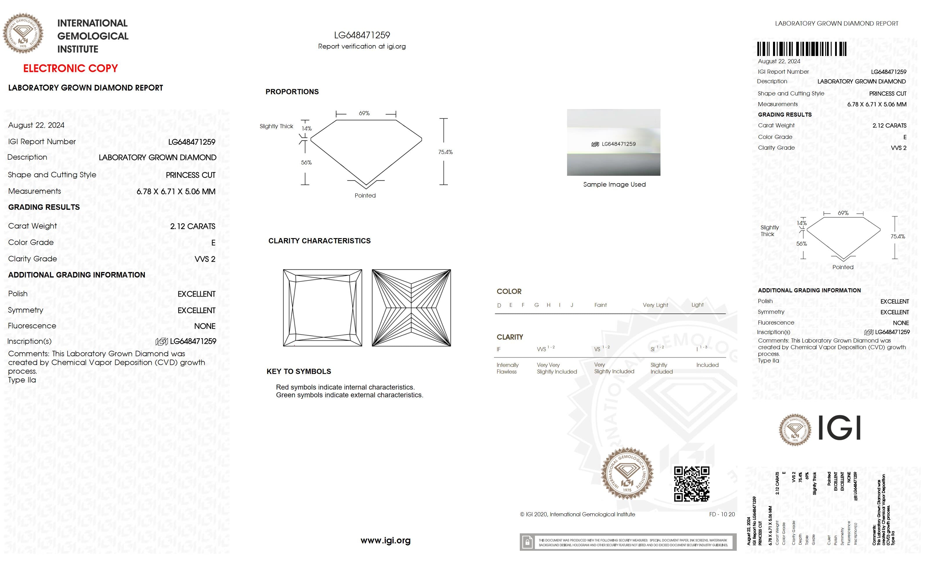 2.12 Ct. Princess Wholesale IGI Certified Lab Grown Loose Diamond. (VVS2 / E)