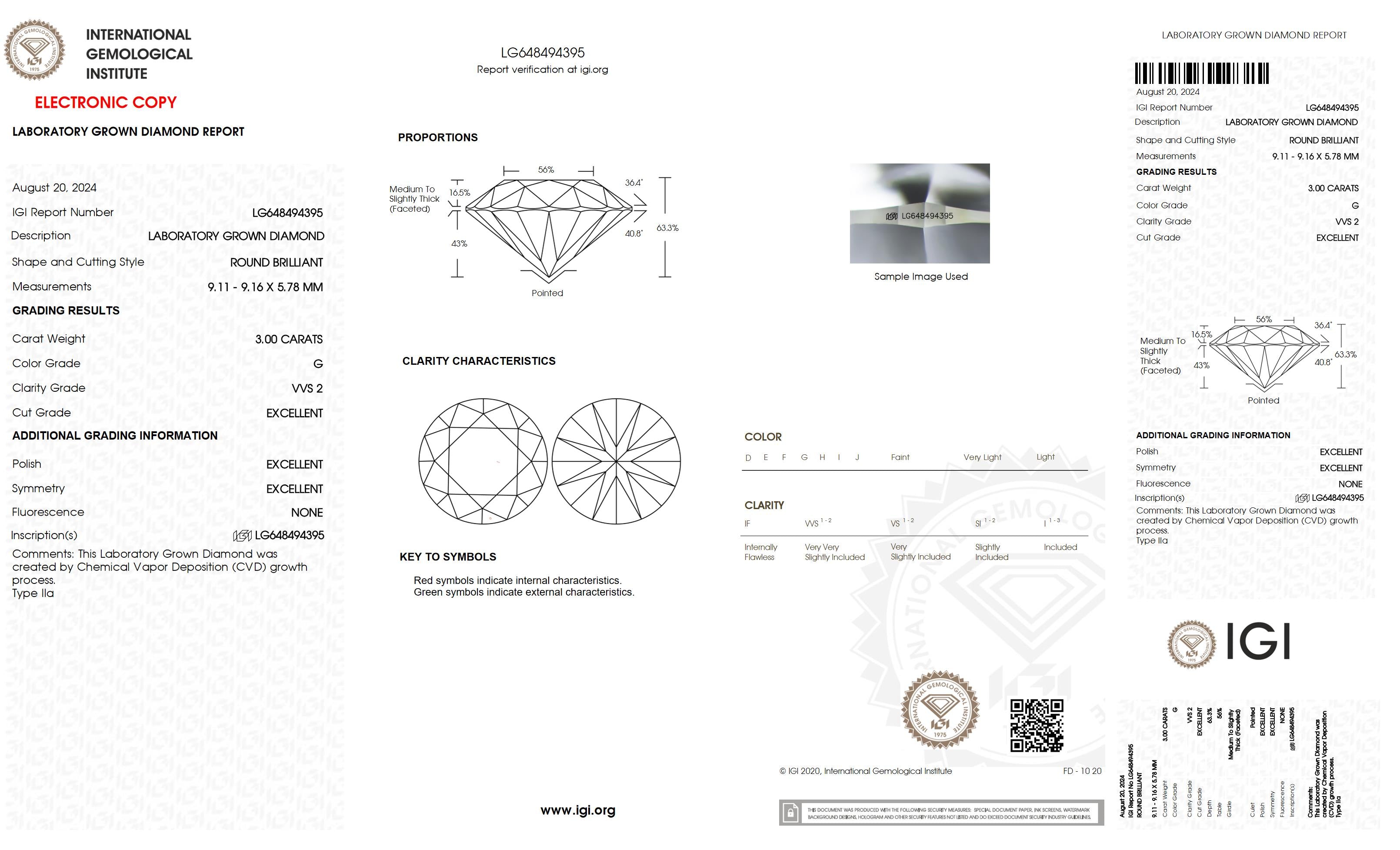 3 Ct. Round Wholesale IGI Certified Lab Grown Loose Diamond. (VVS2 / G)