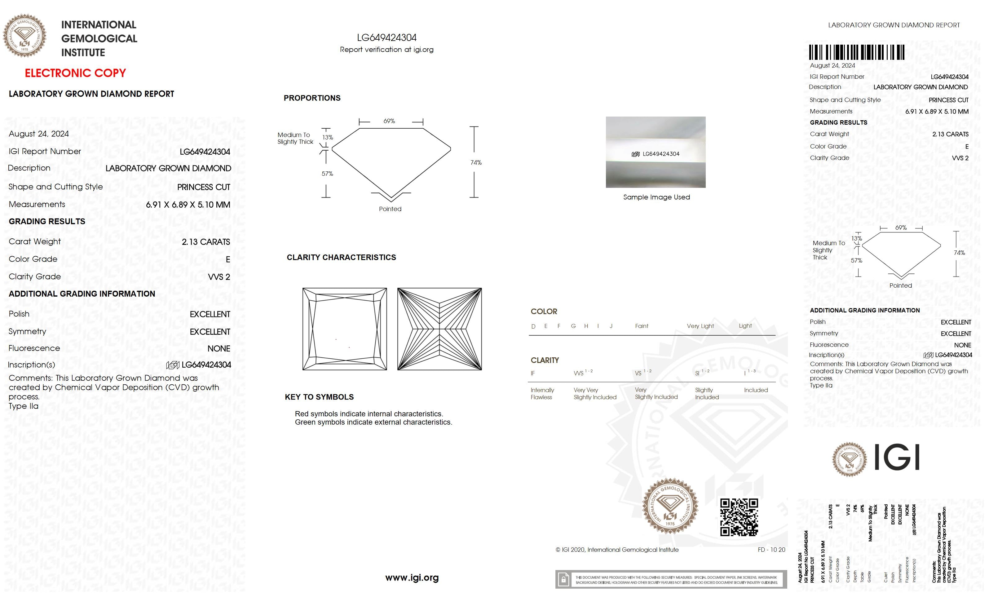 2.13 Ct. Princess Wholesale IGI Certified Lab Grown Loose Diamond. (VVS2 / E)