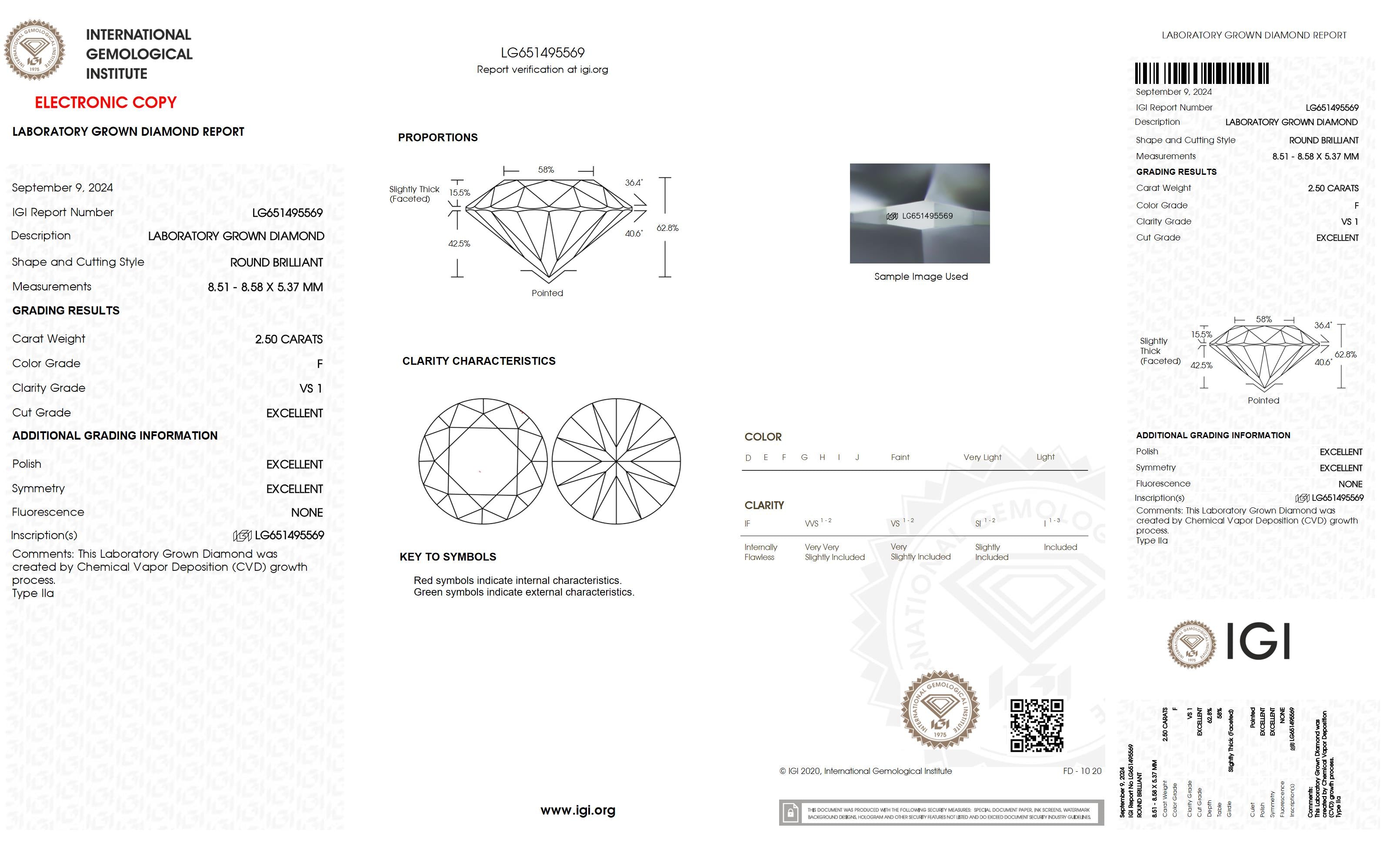 2.5 Ct. Round Wholesale IGI Certified Lab Grown Loose Diamond. (VS1 / F)