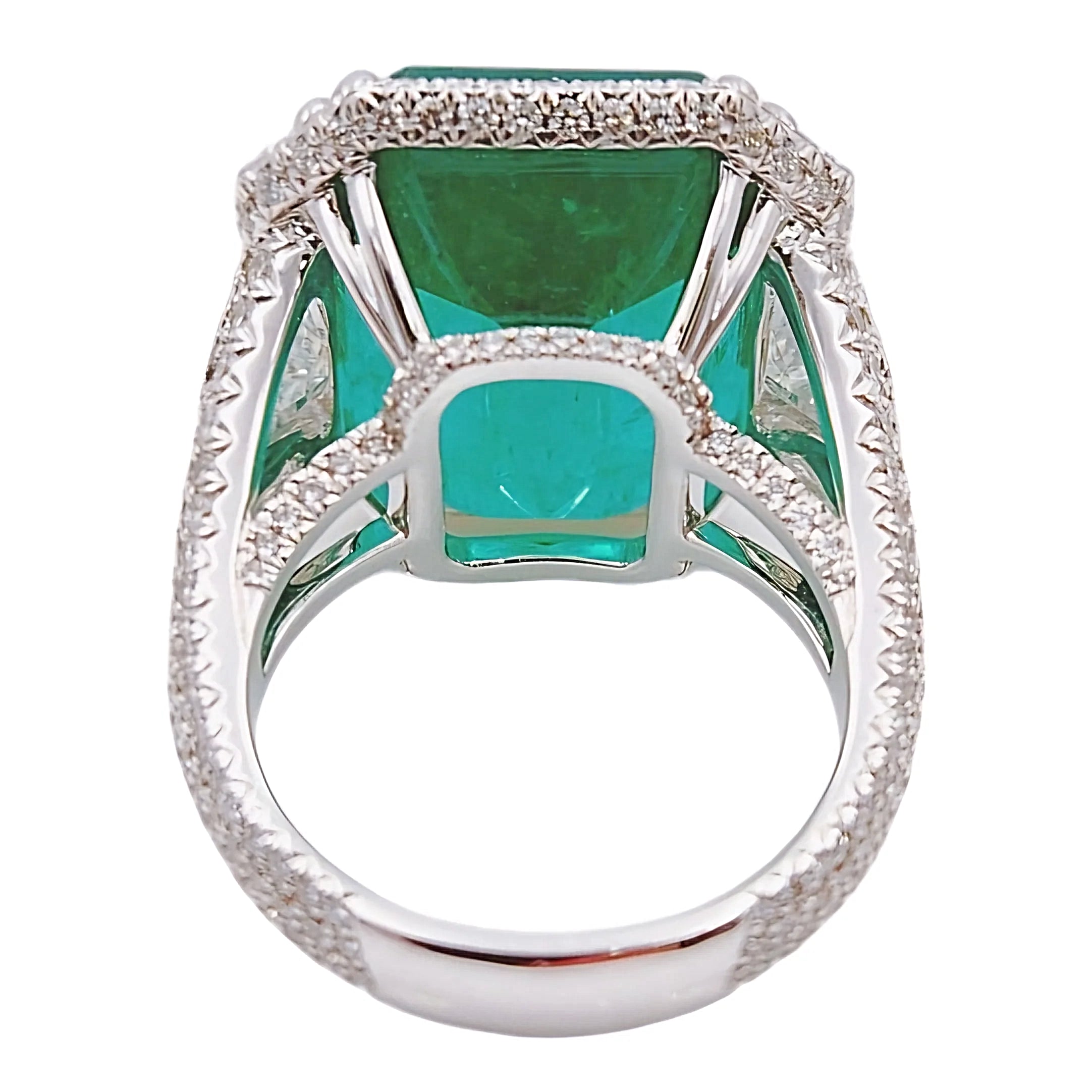 16.81 Carat GIA Certified Colombian Emerald 18K White Gold Ring with VS / F Side Stone.