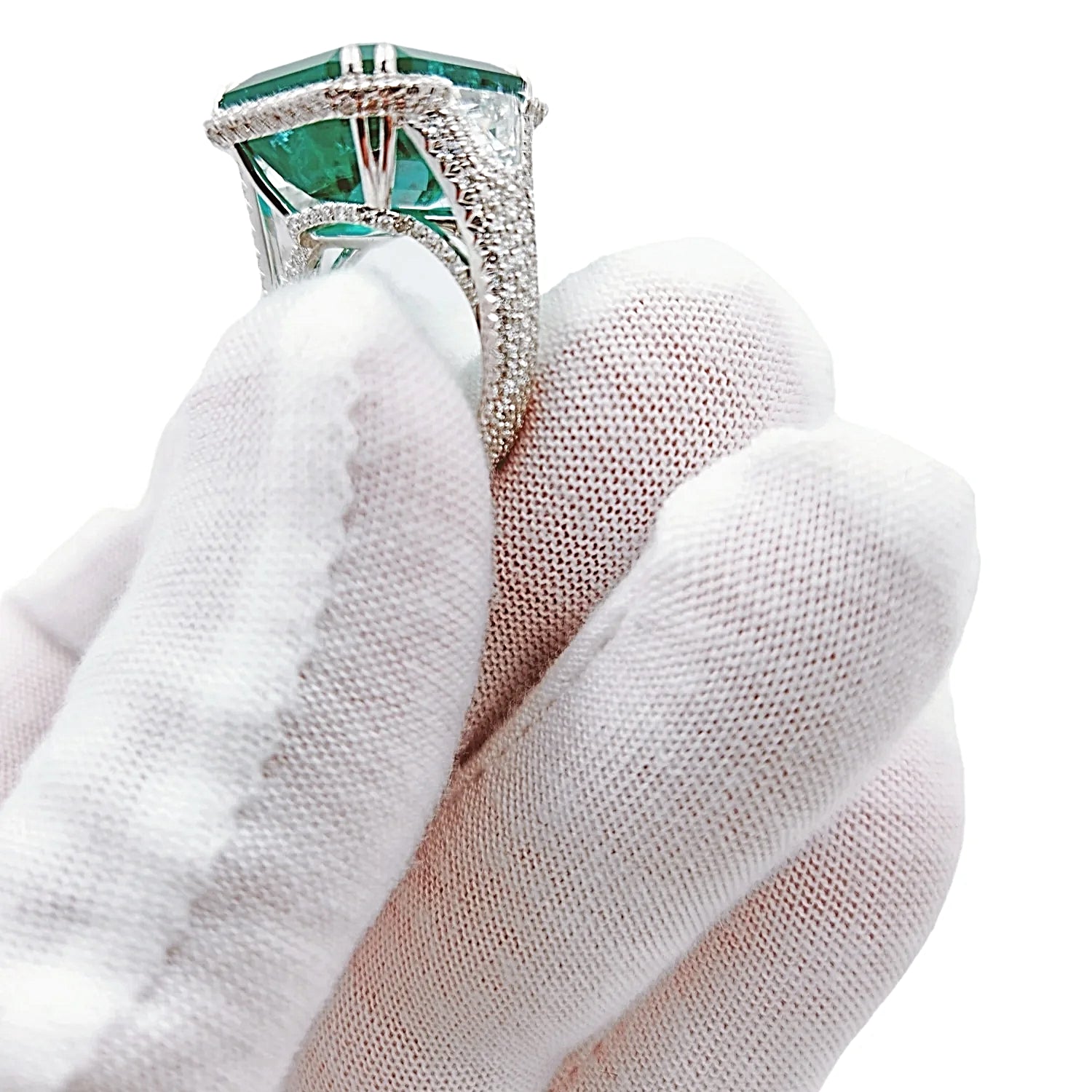 16.81 Carat GIA Certified Colombian Emerald 18K White Gold Ring with VS / F Side Stone.