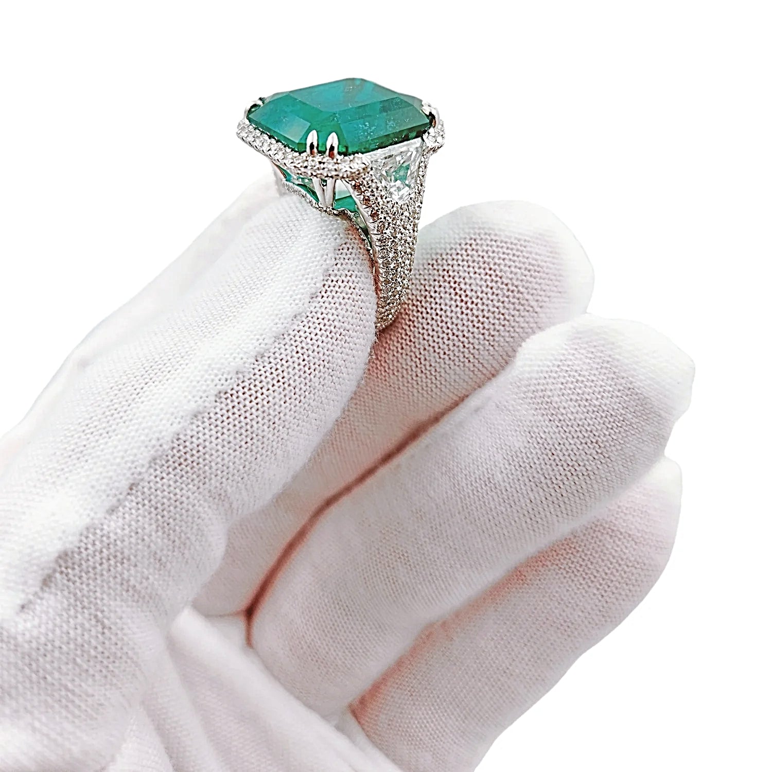 16.81 Carat GIA Certified Colombian Emerald 18K White Gold Ring with VS / F Side Stone.