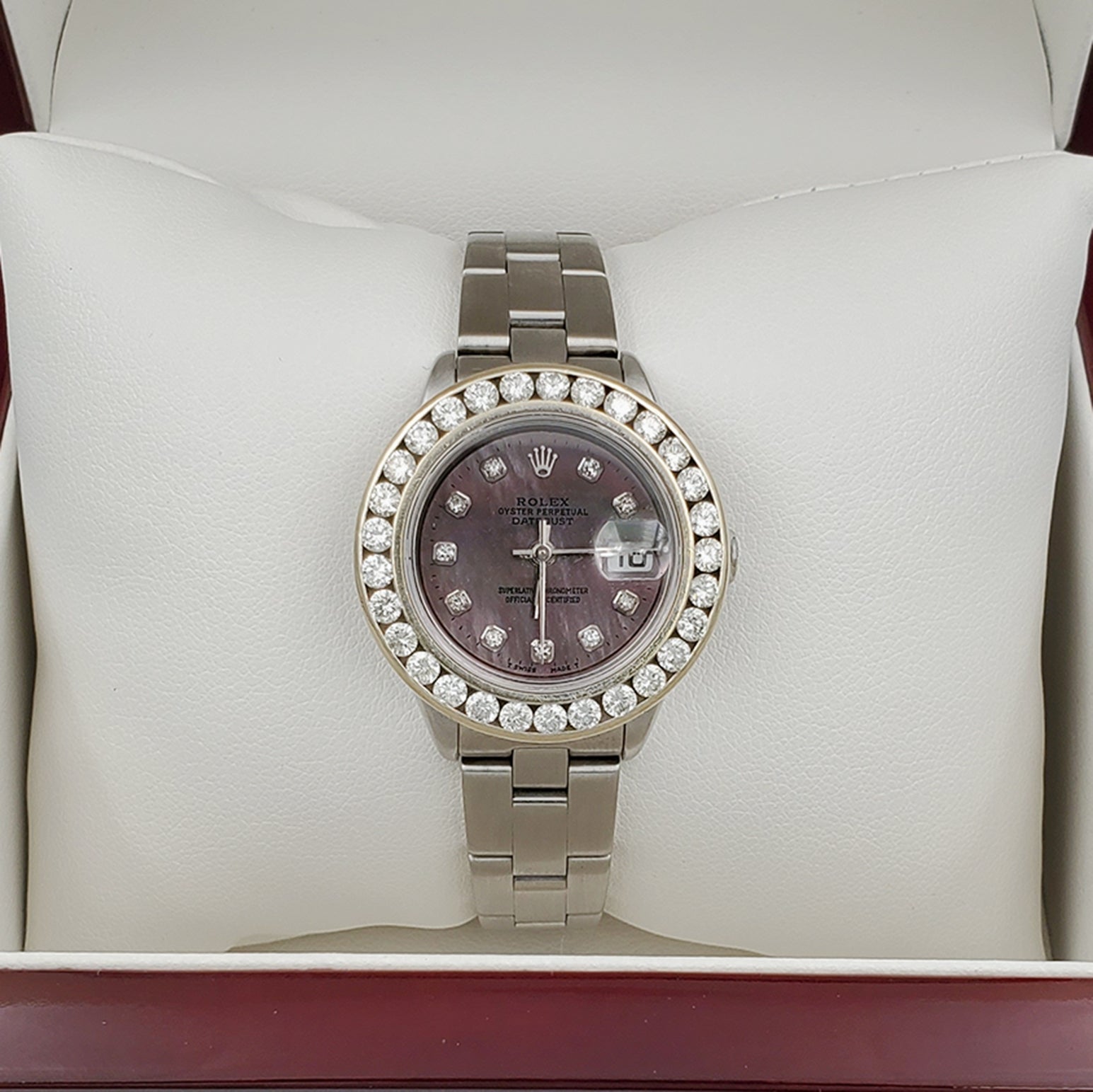 Ladies Rolex 26mm DateJust Stainless Steel Wristwatch w/ Mother of Pearl Black Diamond Dial & Custom Diamond Bezel. (Pre-Owned)