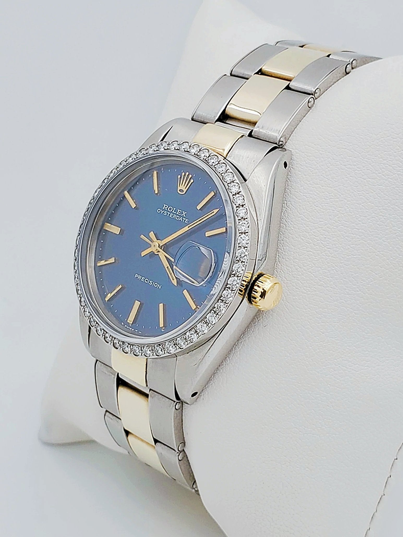 Unisex Rolex OysterDate 34mm Two Tone 14K Yellow Gold / Stainless Steel Wristwatch w/ Blue Dial & Custom Diamond Bezel. (Pre-Owned 6694)