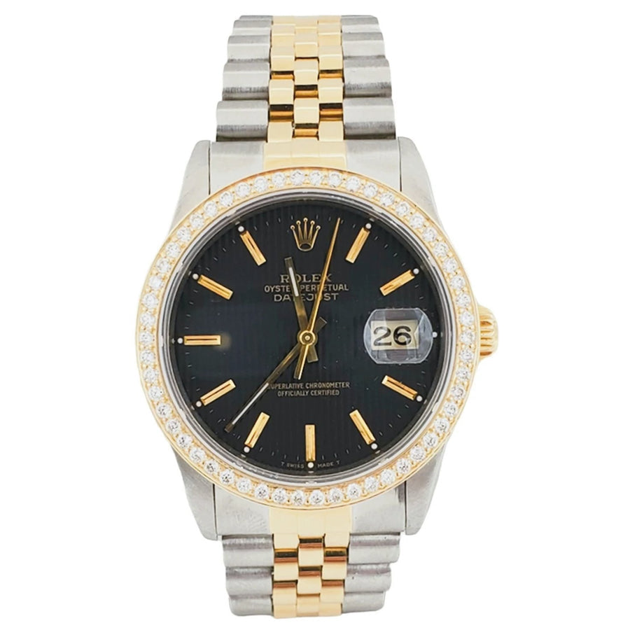 Men's Rolex 36mm DateJust 18K Yellow Gold / Stainless Steel Two Tone Wristwatch w/ Black Dial & Diamond Bezel. (Pre-Owned 16233)