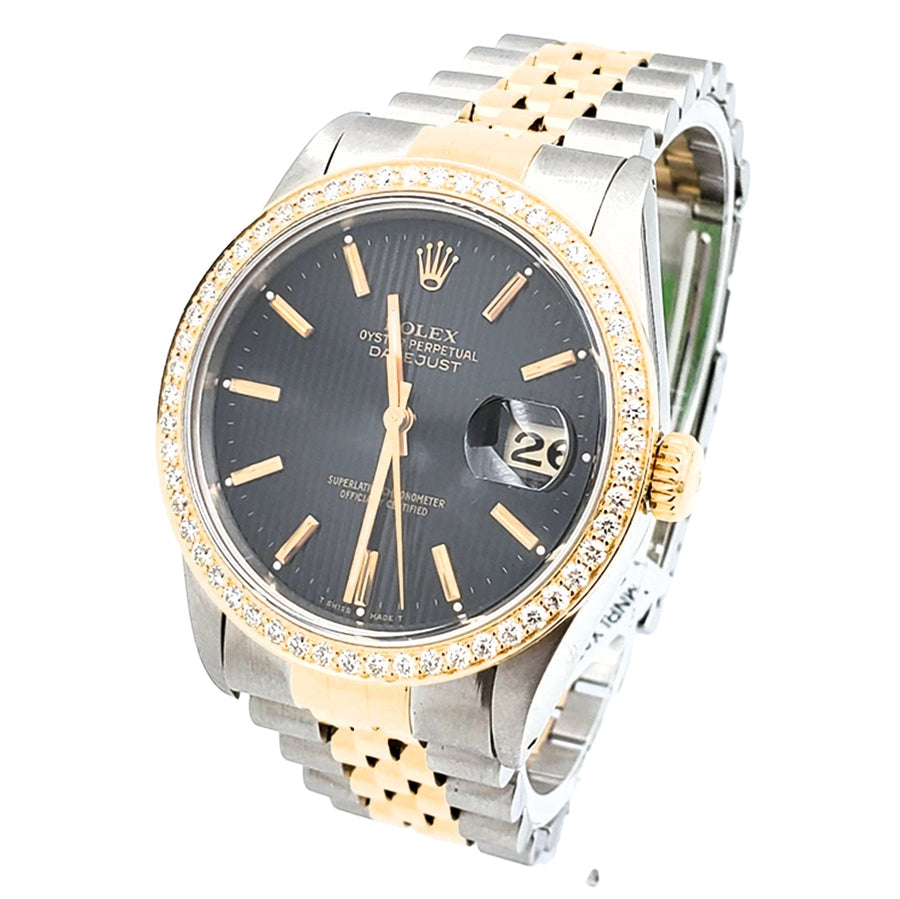 Men's Rolex 36mm DateJust 18K Yellow Gold / Stainless Steel Two Tone Wristwatch w/ Black Dial & Diamond Bezel. (Pre-Owned 16233)