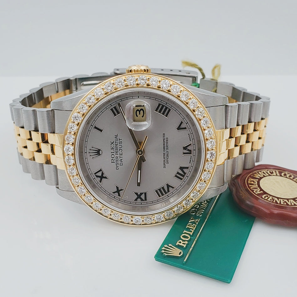1997 Men's Rolex 36mm DateJust Two Tone 18K Gold / Stainless Steel Wristwatch w/ Silver Dial & 2CT Diamond Bezel. (UNWORN 16233)