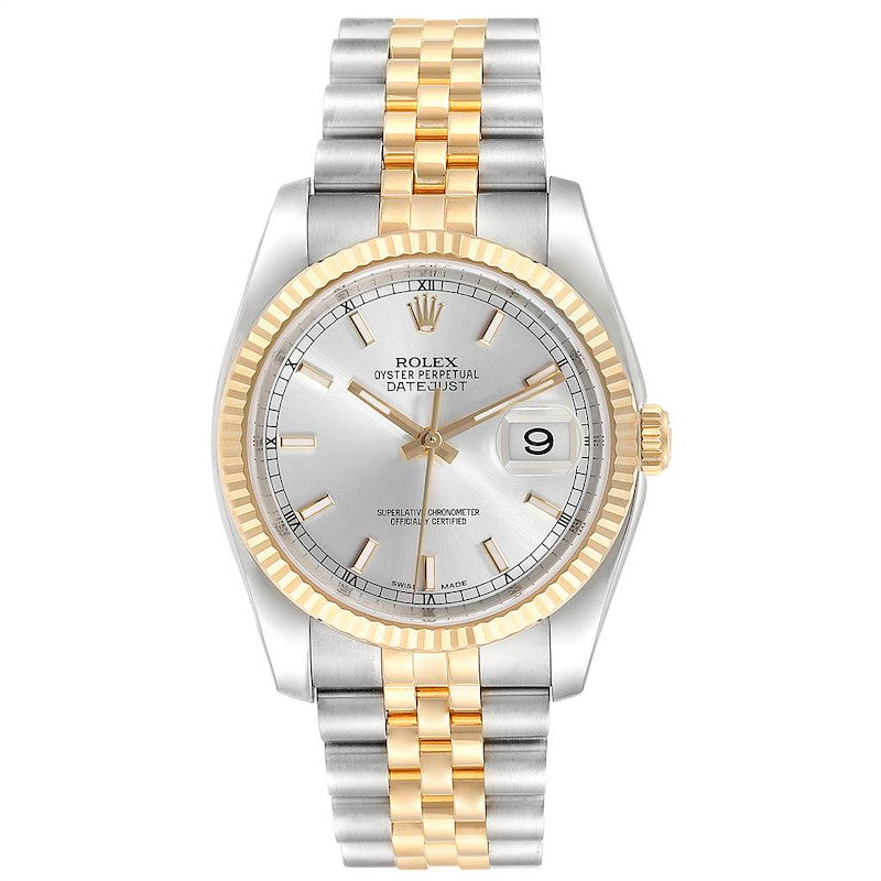 Men's Rolex DateJust 36mm Oyster Perpetual Two Tone 18k Gold / Stainless Steel B& Wristwatch w/ Silver Dial & Fluted Bezel. (NEW 116233)