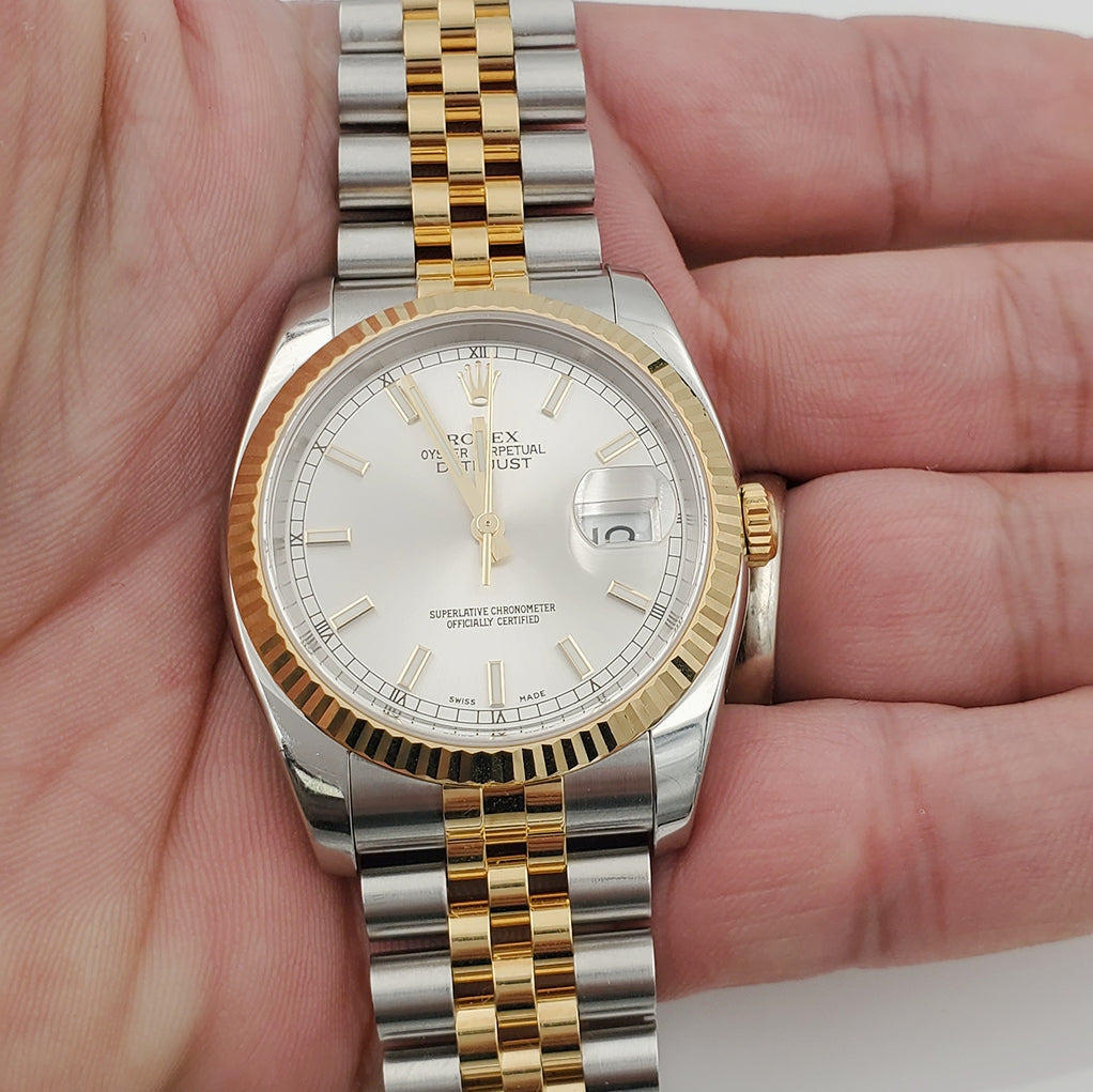Men's Rolex DateJust 36mm Oyster Perpetual Two Tone 18k Gold / Stainless Steel Wristwatch w/ Silver Dial & Fluted Bezel. (NEW 116233)