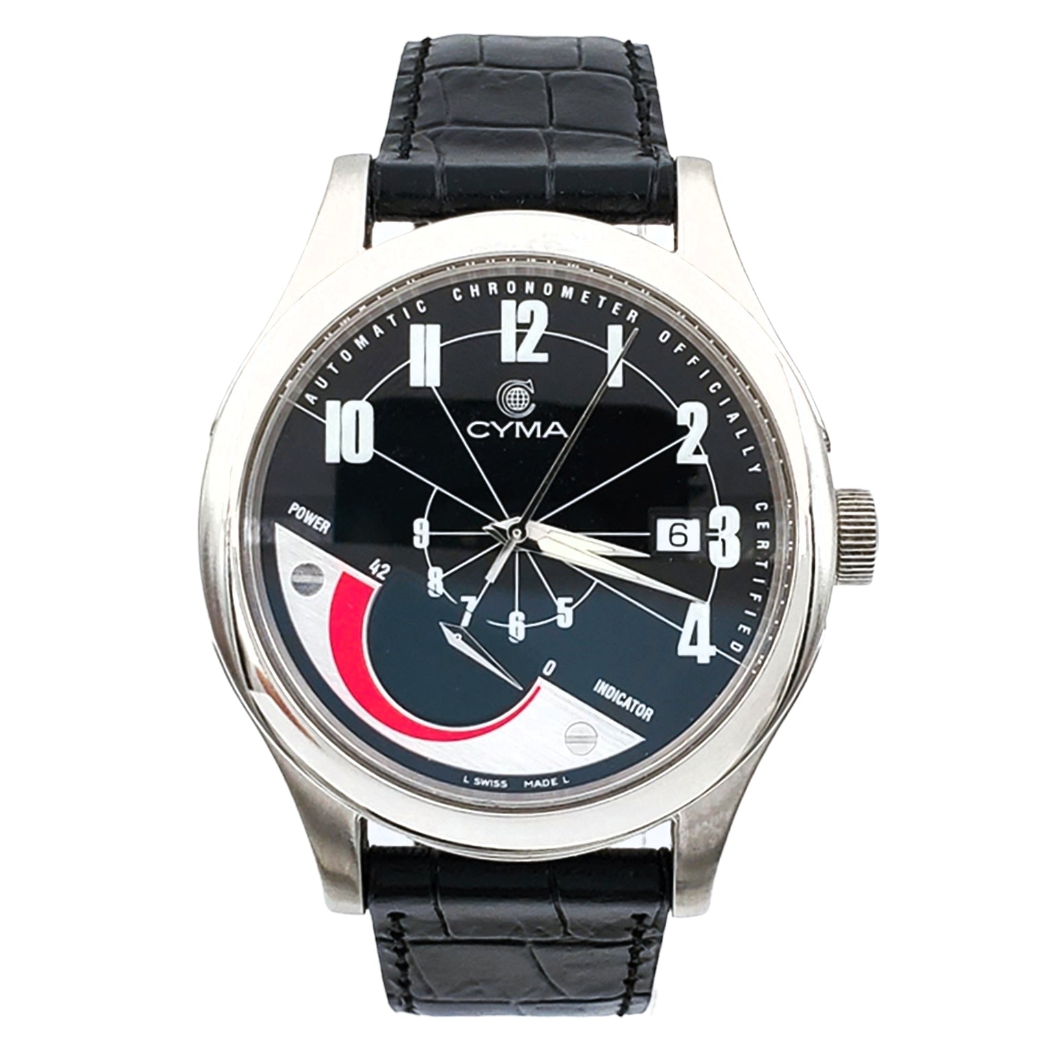 Men's CYMA Chronometer 40mm Imperium XL Stainless Steel Wristwatch with Black Leather & Black Dial. (Pre-Owned)