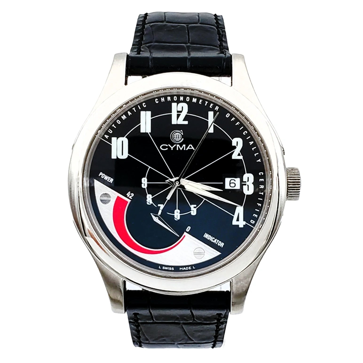 Men's CYMA Chronometer 40mm Imperium XL Stainless Steel Watch with Black Leather Band and Black Dial. (Pre-Owned)