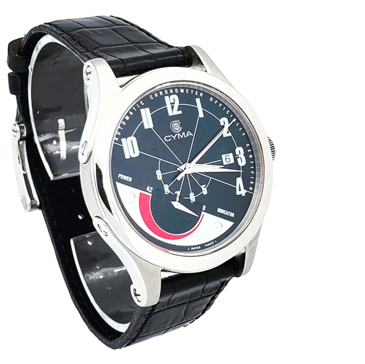 Men's CYMA Chronometer 40mm Imperium XL Stainless Steel Wristwatch with Black Leather & Black Dial. (Pre-Owned)