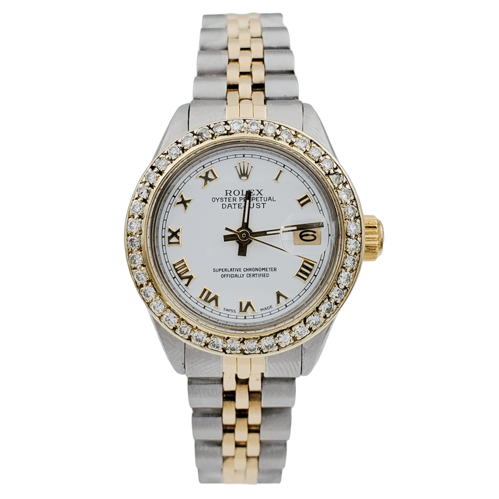 Ladies Rolex 26mm DateJust Two Tone 18K Yellow Gold / Stainless Steel Wristwatch w/ White Dial & Diamond Bezel. (Pre-Owned 6917)