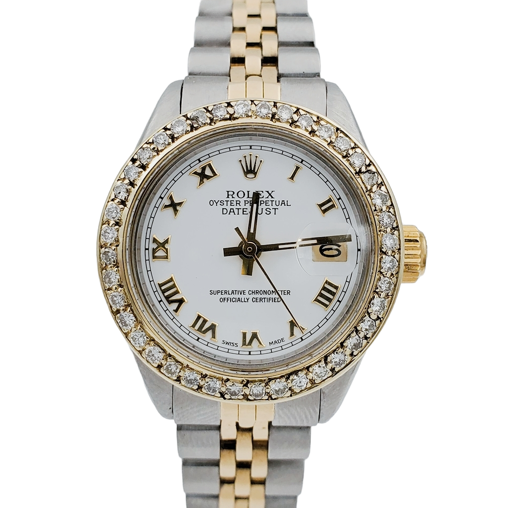 Ladies Rolex 26mm DateJust Two Tone 18K Yellow Gold / Stainless Steel Wristwatch w/ White Dial & Diamond Bezel. (Pre-Owned 6917)