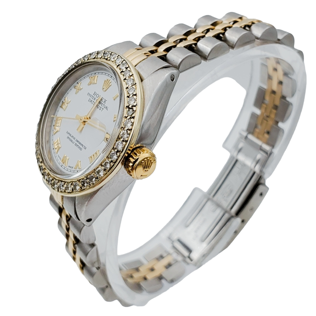 Ladies Rolex 26mm DateJust Two Tone 18K Yellow Gold / Stainless Steel Wristwatch w/ White Dial & Diamond Bezel. (Pre-Owned 6917)