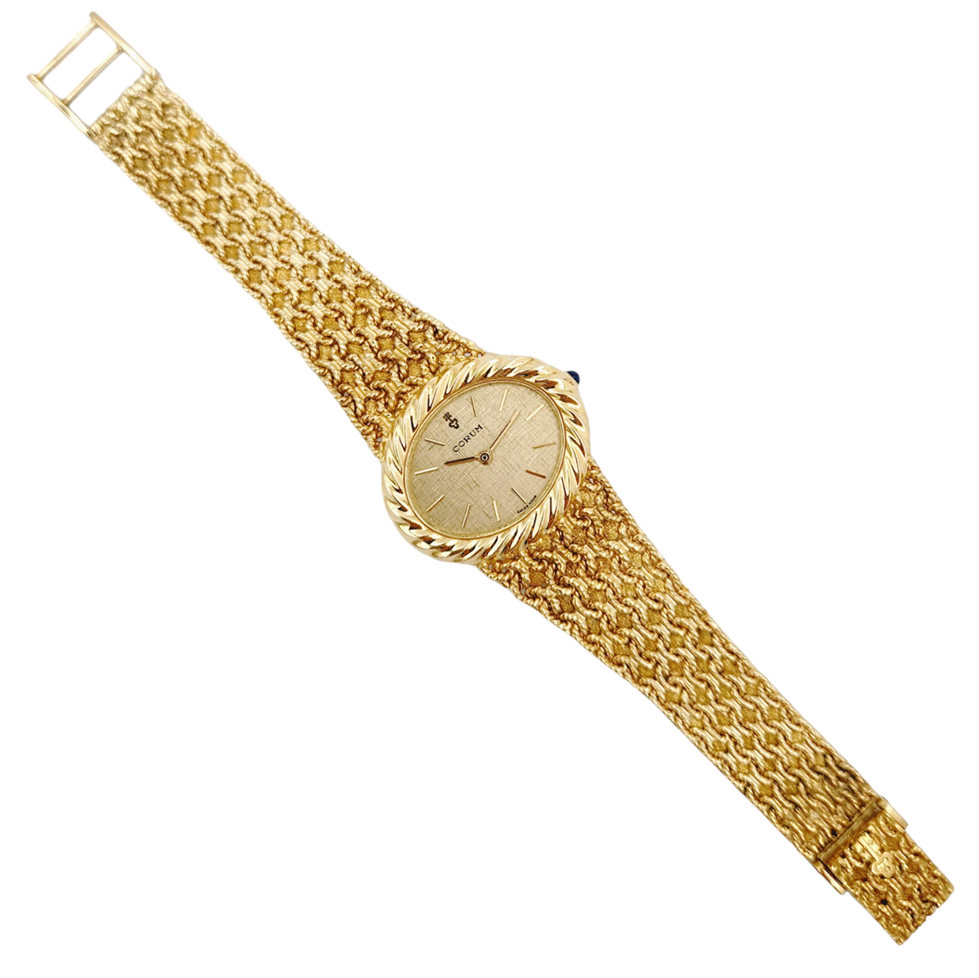 Ladies Corum 26mm x 30mm Oval Vintage 18K Yellow Gold Wristwatch with Gold Dial & Weave Bezel. (Pre-Owned)