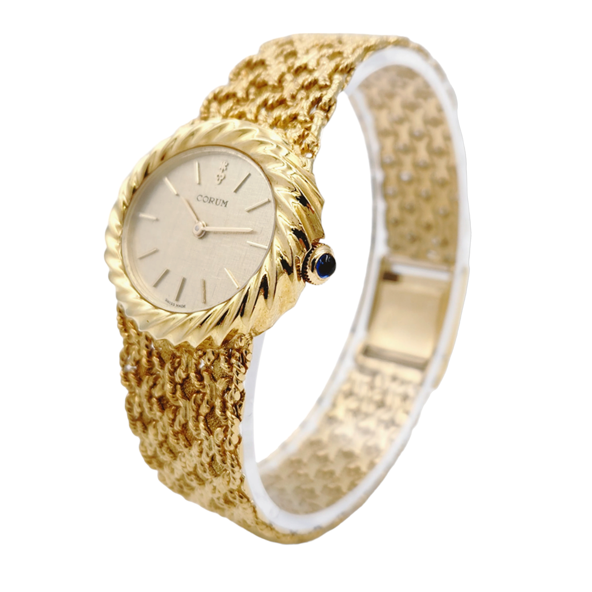 Ladies Corum 26mm x 30mm Oval Vintage 18K Yellow Gold Wristwatch with Gold Dial & Weave Bezel. (Pre-Owned)