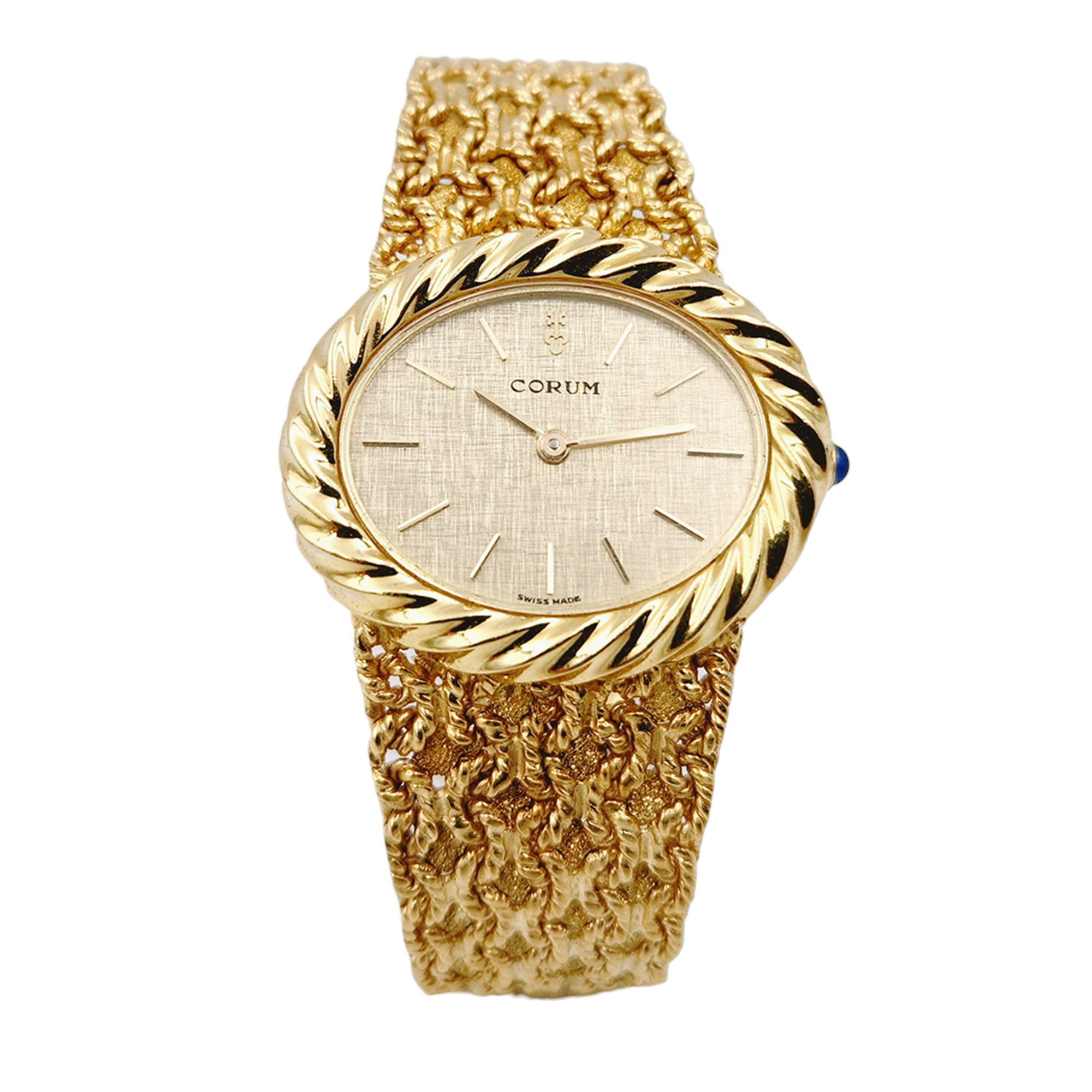 Ladies Corum 26mm x 30mm Oval Vintage 18K Yellow Gold Wristwatch with Gold Dial & Weave Bezel. (Pre-Owned)