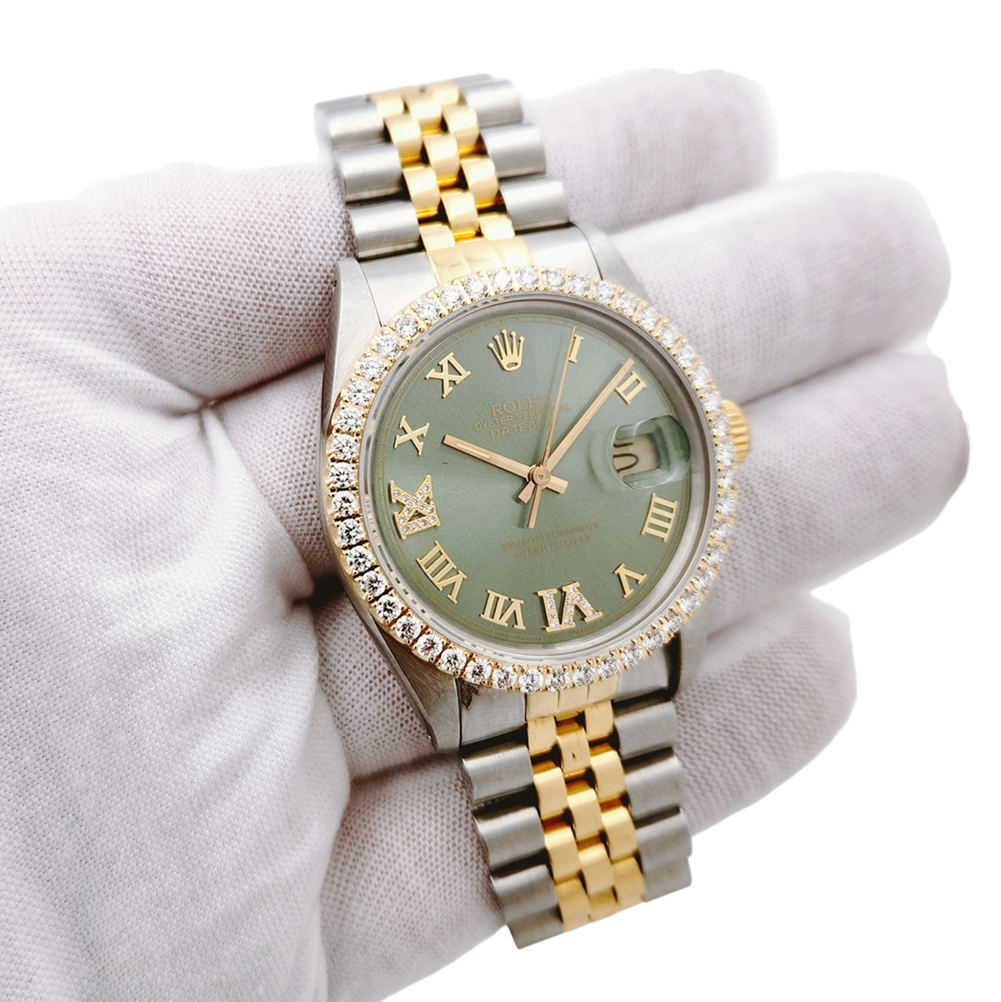 Men's Rolex 36mm DateJust Two Tone 18K Yellow Gold / Stainless Steel Wristwatch with Green Dial & Diamond Bezel. (Pre-Owned 16013)