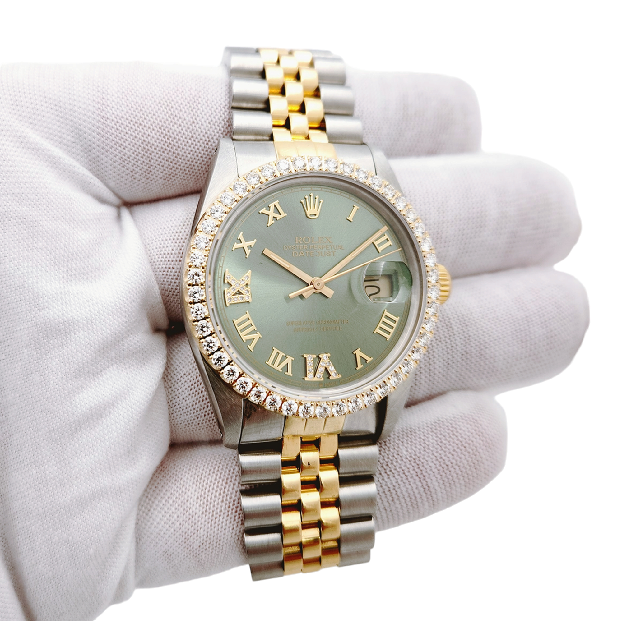 Men's Rolex 36mm DateJust Two Tone 18K Yellow Gold / Stainless Steel Wristwatch w/ Green Dial & Diamond Bezel. (Pre-Owned 16013)