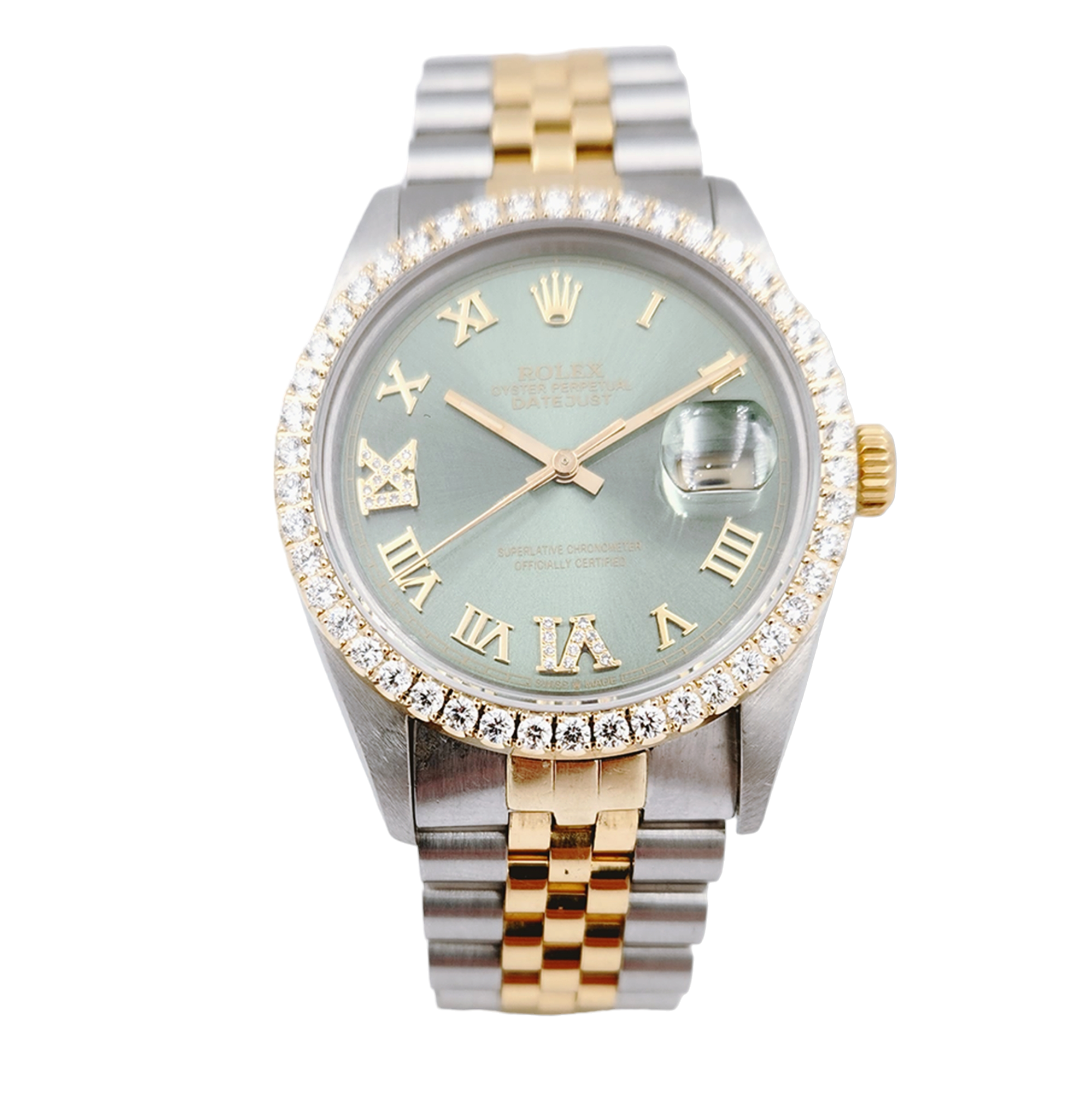 Men's Rolex 36mm DateJust Two Tone 18K Yellow Gold / Stainless Steel Wristwatch w/ Green Dial & Diamond Bezel. (Pre-Owned 16013)