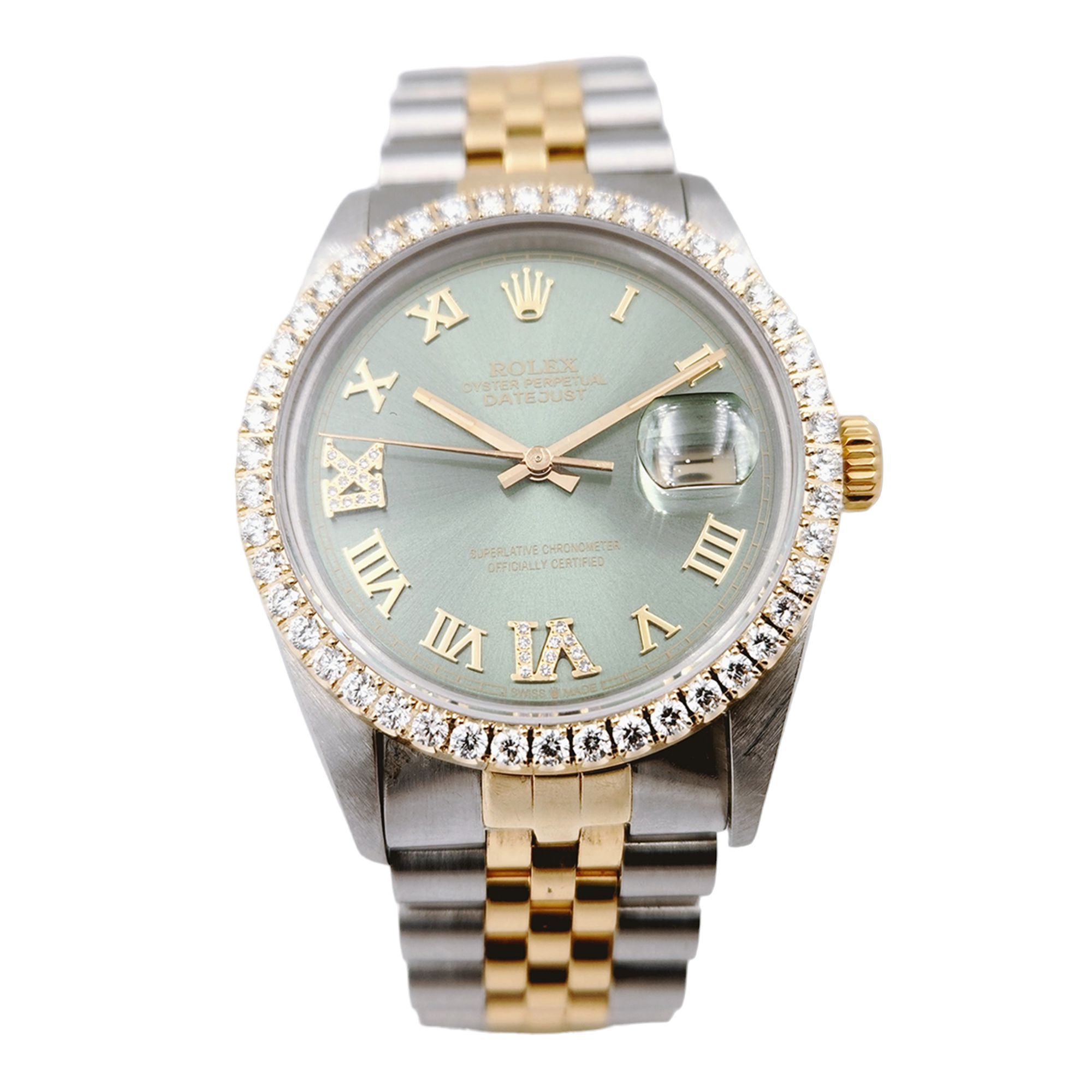 Men's Rolex 36mm DateJust Two Tone 18K Yellow Gold / Stainless Steel Wristwatch with Green Dial & Diamond Bezel. (Pre-Owned 16013)