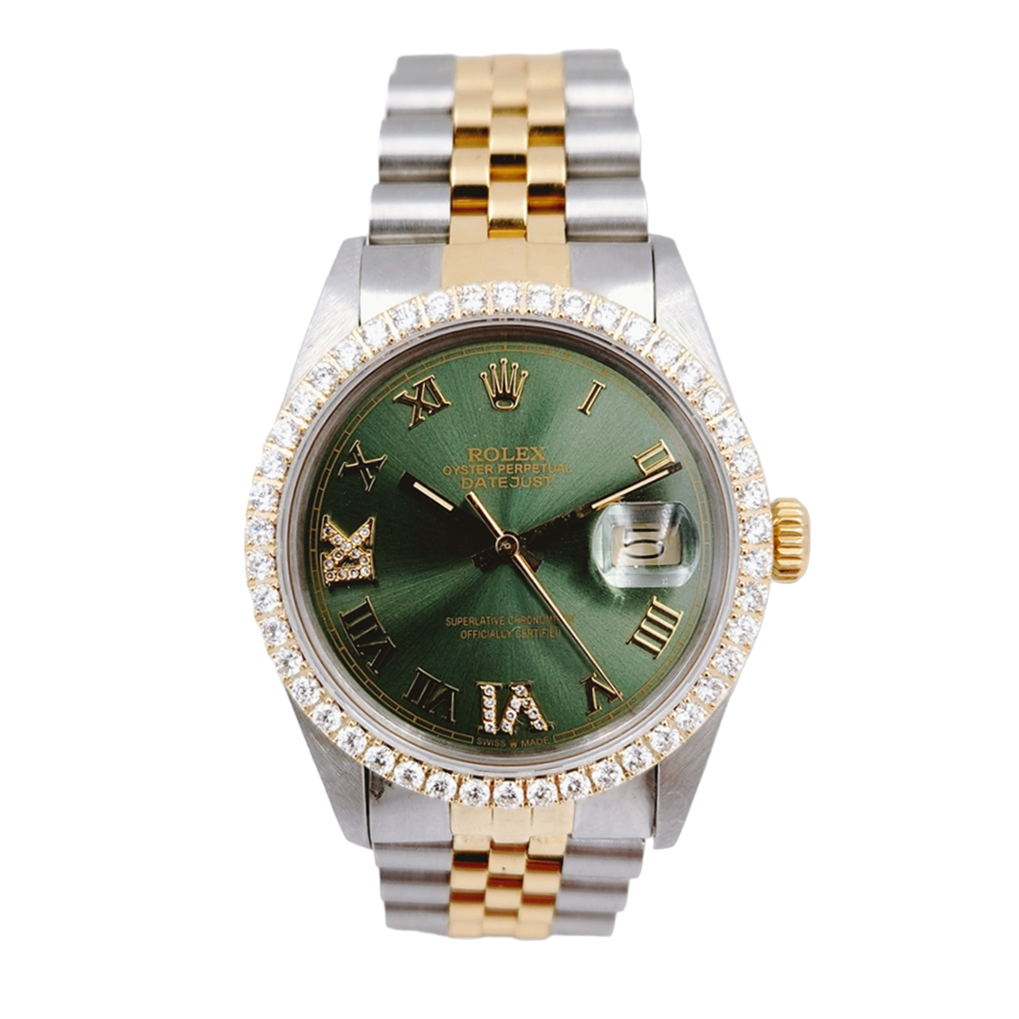 Men's Rolex 36mm DateJust Two Tone 18K Yellow Gold / Stainless Steel Wristwatch with Green Dial & Diamond Bezel. (Pre-Owned 16013)