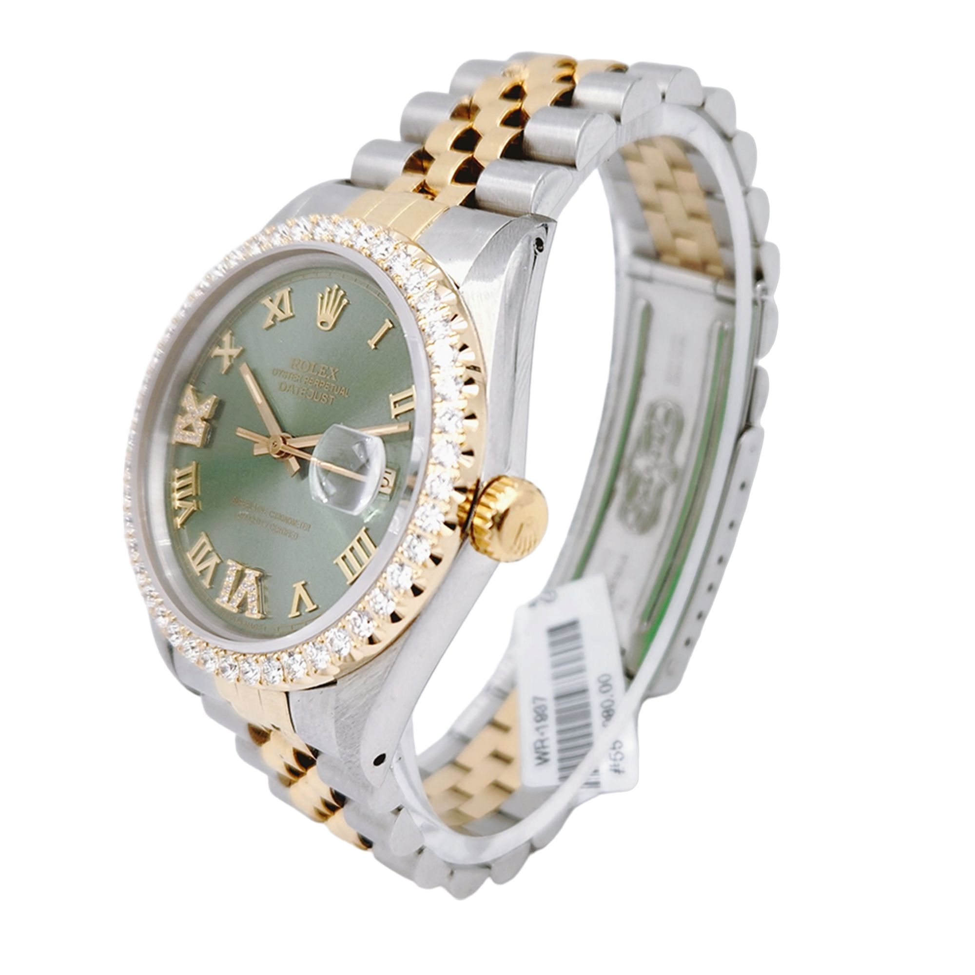 Men's Rolex 36mm DateJust Two Tone 18K Yellow Gold / Stainless Steel Wristwatch with Green Dial & Diamond Bezel. (Pre-Owned 16013)