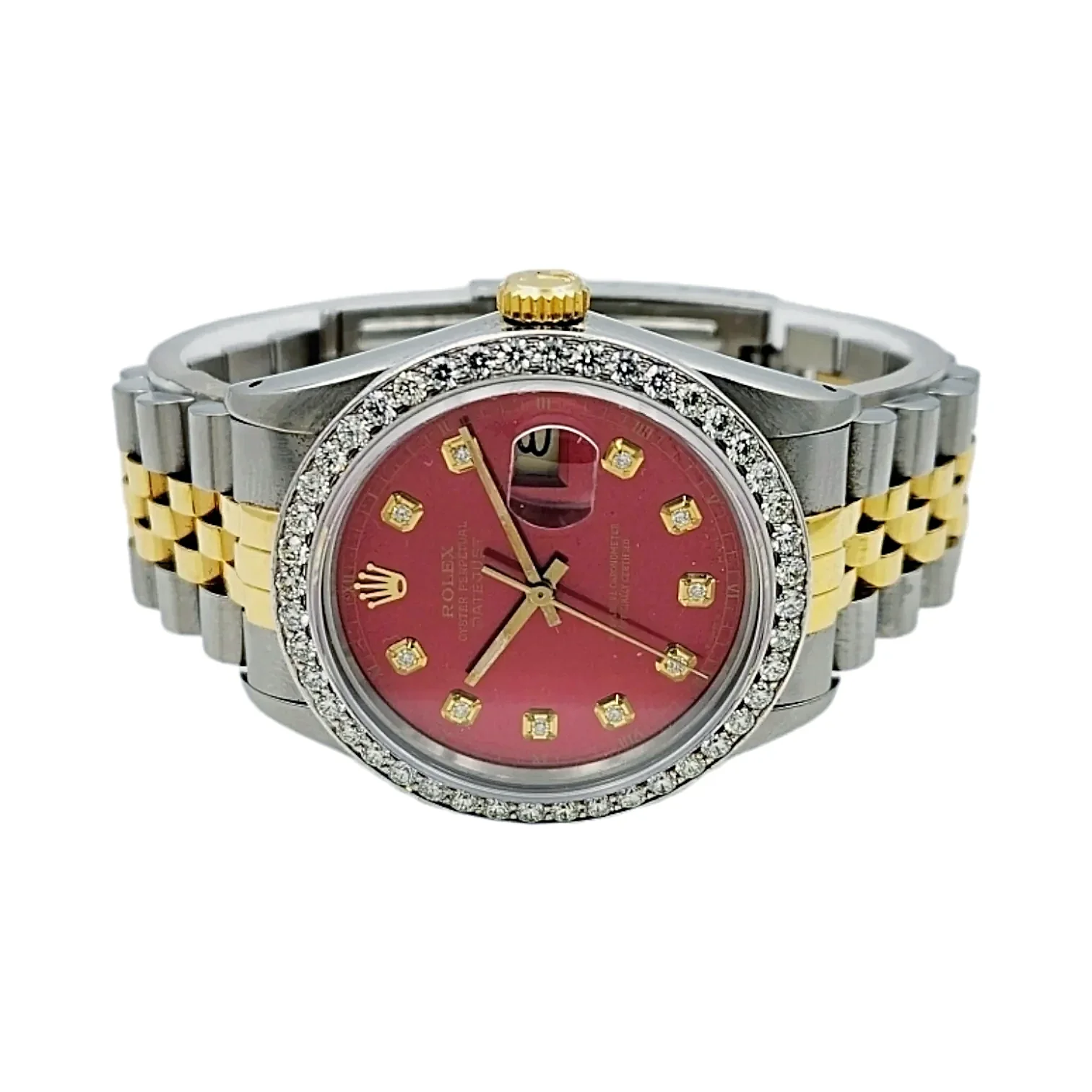 Men's Rolex 36mm DateJust Two Tone 18K Yellow Gold / Stainless Steel Wristwatch with Red Dial & Diamond Bezel. (Pre-Owned 16013)