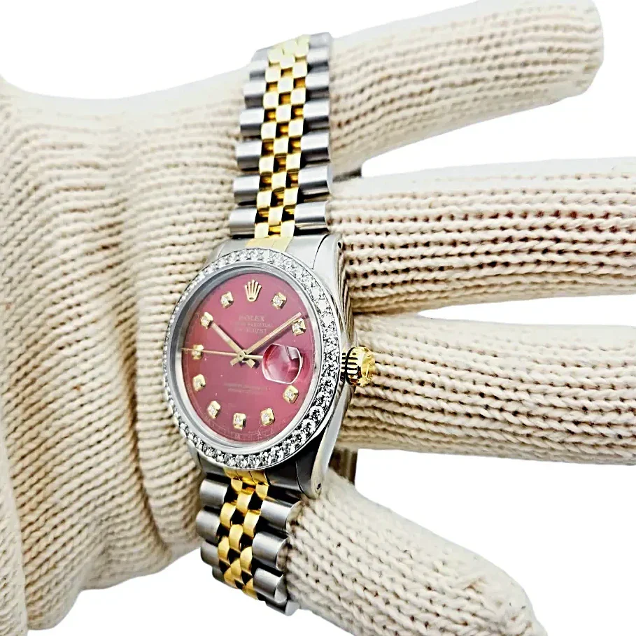 Men's Rolex 36mm DateJust Two Tone 18K Yellow Gold / Stainless Steel Wristwatch with Red Dial & Diamond Bezel. (Pre-Owned 16013)