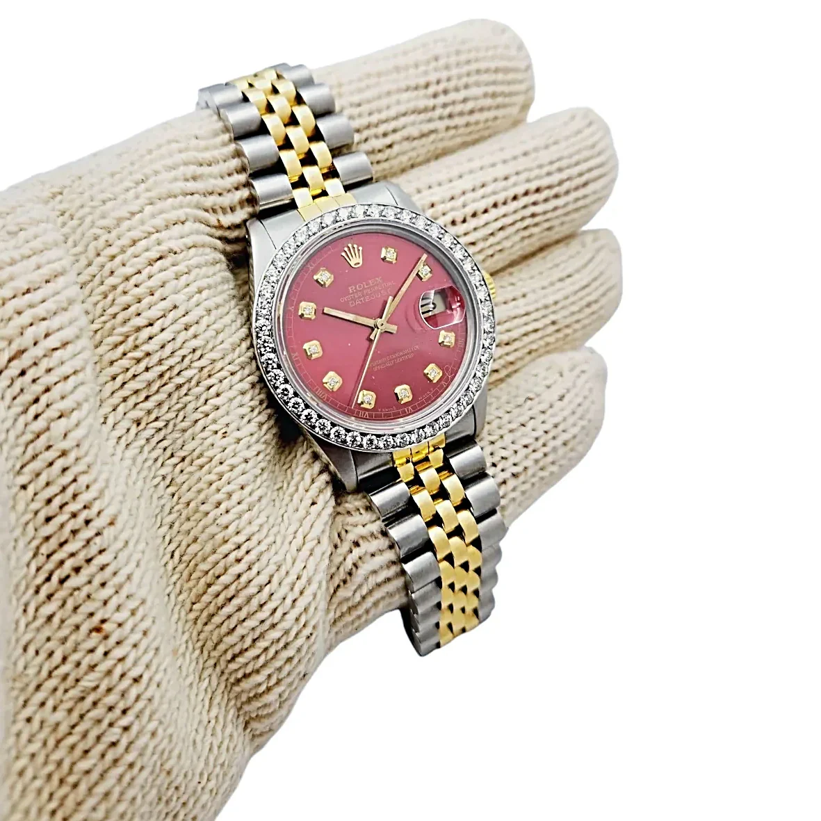 Men's Rolex 36mm DateJust Two Tone 18K Yellow Gold / Stainless Steel Wristwatch with Red Dial & Diamond Bezel. (Pre-Owned 16013)