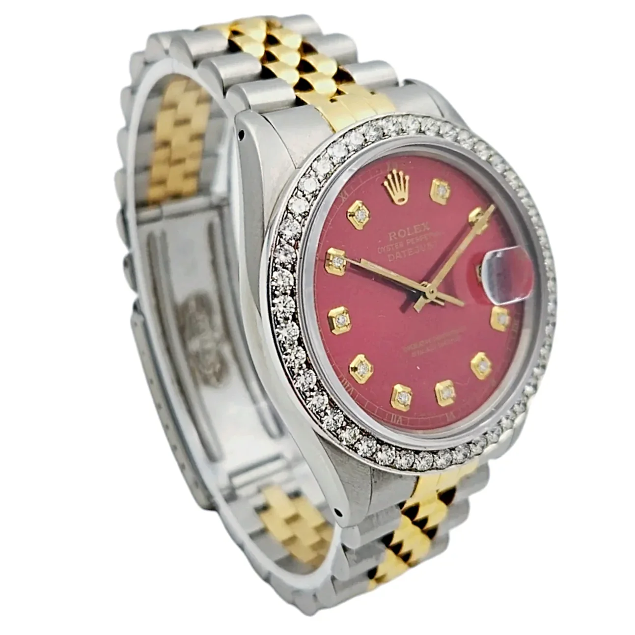 Men's Rolex 36mm DateJust Two Tone 18K Yellow Gold / Stainless Steel Wristwatch with Red Dial & Diamond Bezel. (Pre-Owned 16013)