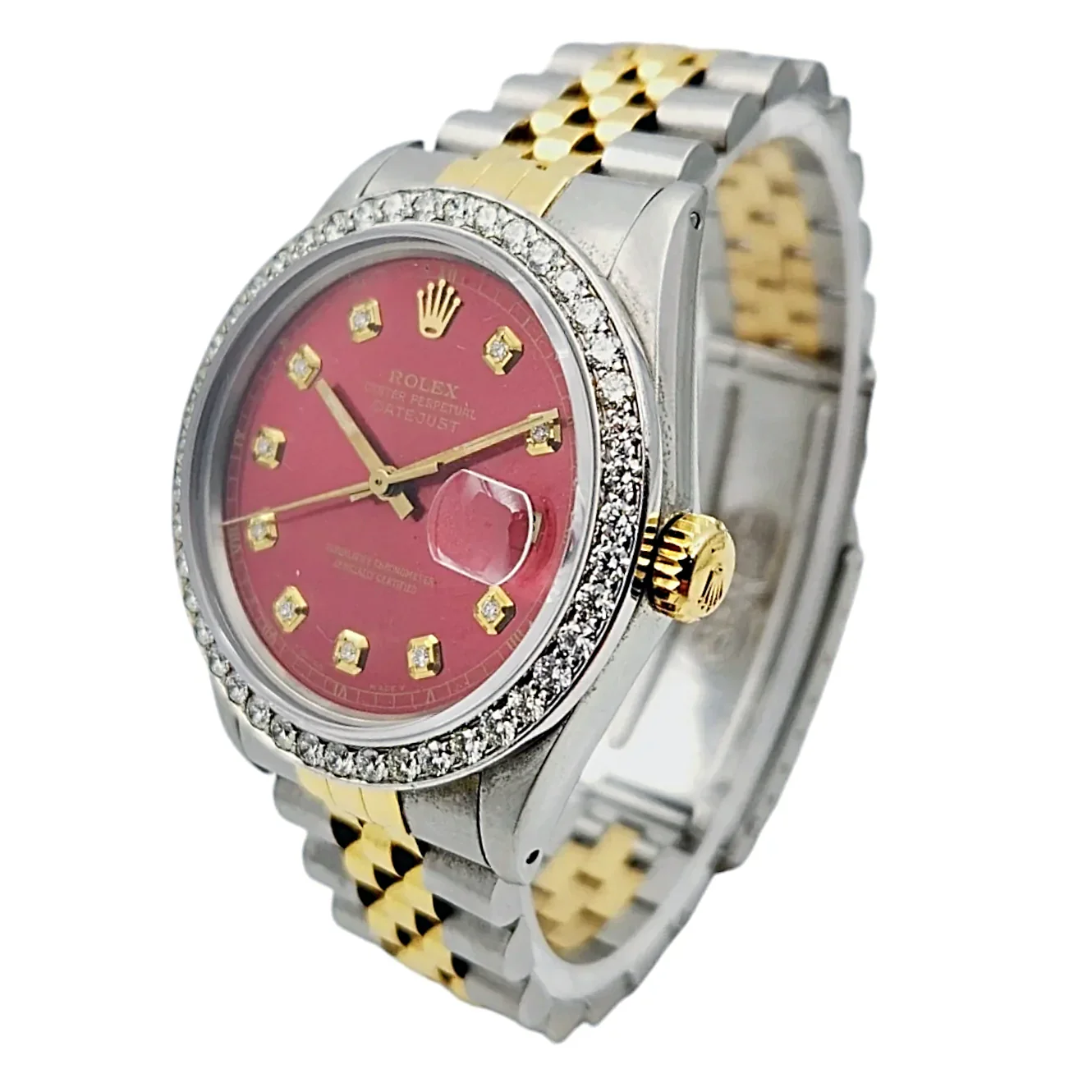 Men's Rolex 36mm DateJust Two Tone 18K Yellow Gold / Stainless Steel Watch with Red Dial and Diamond Bezel. (Pre-Owned 16013)