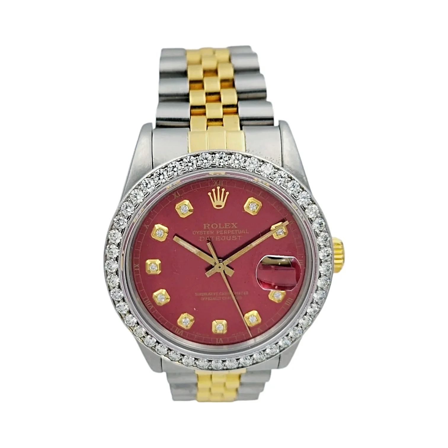 Men's Rolex 36mm DateJust Two Tone 18K Yellow Gold / Stainless Steel Wristwatch with Red Dial & Diamond Bezel. (Pre-Owned 16013)